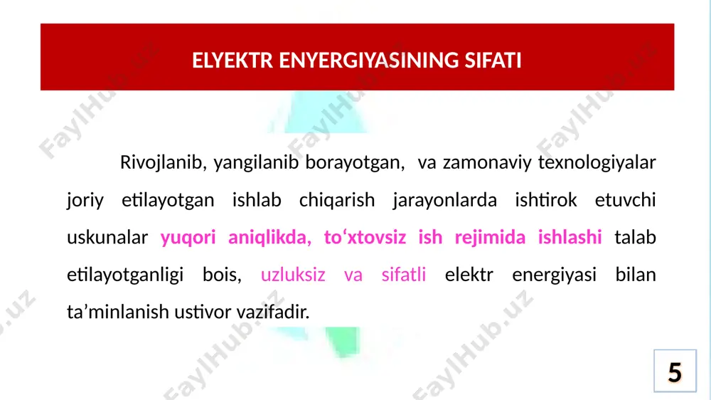 tining pasayishiga, avtomatik boshqaruv va himoya uskunalarining sezgirlik darajasini pasaytiradi. natijada elektr ta’minot tarmoqlarida elektr energiyasining isrofi ko‘zda tutilmagan sabalarga ko‘ra ortib ketadi. 26 kuchlanishi 35/10 kv li uch fazali pasaytirish transformatorifar 27 elektr energiyasining sifat kursatkichi pasayishiga elektr tarmoqlarida bir turdagi elektr iste’molchilarning ulanib qolishi ham sabab bo‘lishi mumkin. bunga elektr tarmog‘ida aksariyat aktiv quvvatli iste’molchilar (elektr isitgichlar, cho‘glanma lampalar, projektorlar va h.k.) yoki reaktiv quvvatli iste’molchilar (drossselli va kondensator batareyali qurilmalar va elektr yoritgichlar, kichik quvvatli ko‘p sonli elektr dvigatellar va h.k) ni masol keltirish mumkin. ushbu tarmoqlarda aktiv quvvat iste’moliga ehtiyojning ko‘pligi, uning pasayishiga, va aksincha reaktiv quvvatga talabning ozligi evaziga uning ortishi kuzatiladi. 28 aktiv quvvat iste’molchilari: elektr isitgichlar, cho‘g‘lanma lampalar (cosφ =1) 29 elektr ta’minoni reaktiv quvvat iste’molchilari: induksion isitgich, drossellar va g‘altaklar (sinφ =1) 30 elektr ta’minoni reaktiv quvvat iste’molchilari: kondensator batareyalari va sig‘im elementlari (sinφ =1) 31 elektr tarmog‘ining simmetrik ulanishi. r1...r6 – …