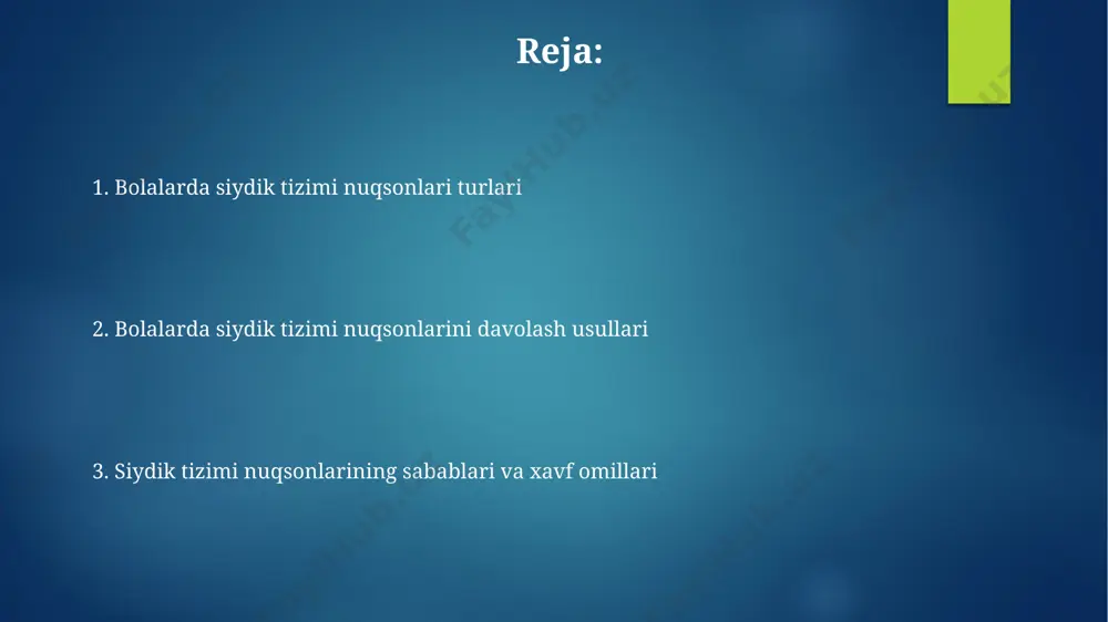 a usullari qo'llaniladi, va bolaning yoshiga qarab davolash usullari farq qiladi. buyrak ektopiyasi buyrak ektopiyasining tashxisi prenatal ultratovush tekshiruvi orqali qo'yiladi va taxminan 10% hollarda boshqa tug'ma nuqsonlar bilan birga kuzatiladi. buyrak ektopiyasi holatlarining 1% dan kamrog'ini tashkil etadi va ko'pincha qizlarda uchraydi, bu esa genetik va tug'ma omillar ta'sirini ko'rsatadi. gidronefroz gidronefroz diagnostikasi ultratovush tekshiruvi, siydik tahlili va ivp kabi tasvirlash usullarini o'z ichiga oladi, bu erda obstruktsiyaning darajasi va joylashuvi aniqlanadi va 3 dan ortiq daraja og'irlik darajasiga ega. gidronefrozni davolash konservativ yoki jarrohlik usullarini o'z ichiga oladi, bu erda jarrohlik amaliyotining muvaffaqiyat darajasi taxminan 90% ni tashkil etadi va bolaning yoshi va gidronefrozning og'irligiga bog'liq. buyrak atreziyasi buyrak atreziyasi tug'ma anomaliya bo'lib, taxminan 10 000 tug'ilishda 1 holatda uchraydi va buyrak to'qimalarining rivojlanishidagi jiddiy nuqsonni aks ettiradi. kasallikning og'irligi o'zgaruvchan bo'lib, to'liq buyrak agenezisidan (yo'qligidan) qisman rivojlanmagan buyrak to'qimalarigacha farq qilishi mumkin, bu esa oliguriya yoki anuriya …