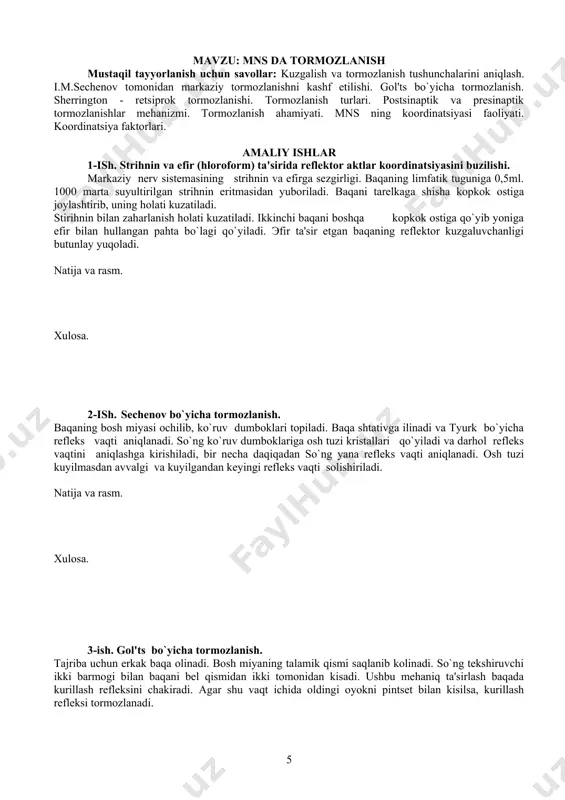 dan avvalgi va kuyilgandan keyingi refleks vaqti solishiriladi. natija va rasm. xulosa. 3-ish. gol'ts bo`yicha tormozlanish. tajriba uchun erkak baqa olinadi. bosh miyaning talamik qismi saqlanib kolinadi. so`ng tekshiruvchi ikki barmogi bilan baqani bel qismidan ikki tomonidan kisadi. ushbu mehaniq ta'sirlash baqada kurillash refleksini chakiradi. agar shu vaqt ichida oldingi oyokni pintset bilan kisilsa, kurillash refleksi tormozlanadi. b) spinal baqa tayyorlanadi. tajribani 5-7 minutdan so`ng boshlamok lozim. baqani bir oyogini sul'fat kislota eritmasiga solinadi, ikkinchisini esa bir vaqtni o`zida kisiladi. buqilish refleksi tormozlanadi yoki vaqt juda chuzilib ketadi. natija va rasm. xulosa. markaziy nerv tizimining hususiy qismi 1-mashg`ulot mavzu: mnt ni o`rganishning zomonaviy tekshirish usullari orqa miya fizologiyasi mustaqil tayyorlanish uchun savollar: mnt faoliyatining umumiy harakteristkasi. mnt ni o`rganish usullari. ээg va uni tahlili. orqa miya faoliyati oldingi va orqa shohlari. orqa miya buzilishini o`rganishda orqa miya reflekslarining ahamiyati. mushaklar tarangligini orqa miya orqali boshqarilish mehanizmi. orqa miya karahtligi (shok). …