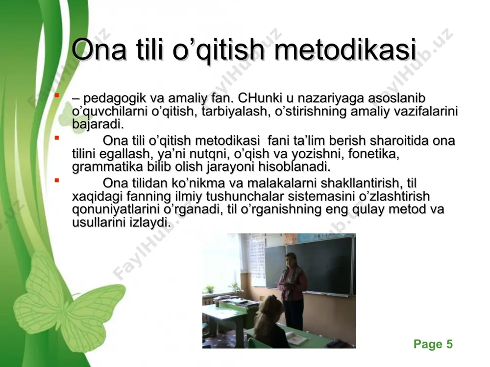 , orfografiya, stilistika) ni o’zaro bog’langan holda o’rganish hisoblanadi. masalan, morfologiyani sintaksisga tayangan holdagina o’rganish, o’zlashtirish mumkin. sintaksisni o’rganishda esa morfologiyaga suyaniladi, orfografiya, fonetika, grammatika, so’z yasalishiga suyanadi va h.k. so’zni morfemik tomondan tahlil qilish uning ma’nosini tushunishga yordam beradi. tilning hamma tomonlari bir-biri bilan o’zaro bog’langan bo’lib, o’qitishda buni albatta hisobga olish kerak. free powerpoint templates page * tilga sezgirlikni o’stirish tamoyili. til – juda murakkab hodisa, uning tuzulishini, sistemasini fahmlab olmay turib, sal bo’lsa-da, uning qonuniyatlarini, o’xshashliklarini o’zlashtirmay turib uni yodda saqlab bo’lmaydi. bola gaplashish, o’qish, eshitish bilan til materiallarini yig’adi, uning qonunlarini o’zlashtiradi. natijada kishida tilga sezgirlik (til hodisalarini tushunish) xususiyati shakllanadi; tilni egallash mumkin emas. nutqning ifodaliligiga baho berish tamoyili. bu tamoyil til hodisalarining tushunmay turib savodli yozish, nutq madaniyati vositalarining xabar berish funksiyasini tushunish bilan bir qatorda, uning ifodalilik (uslubga oid) funksiyasini tushunishni, mazmuninigina emas, balki so’z va nutq oborotlarining, tilning boshqa badiiy-tasviriy vositalarining hissiy …