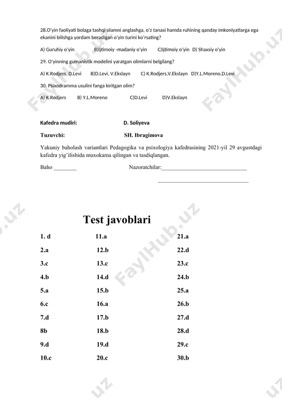 , o’yinda kattalarning ijtimoiy xulq-atvoriga taqlid qilish usuli bilan ular faoliyatini qaytaradilar" degan fikr muallifini toping? a)d.b.elkonin b)m.klayn c)a.freyd d)g.xag-xelmut 26. go‘daklik davridan boshlab o‘yin bolaning qo‘l motorikasini, tana va ko‘z harakatlarini rivojlantiradi, shuningdek, energiyani sarflashiga hamda o‘zini erkin tutishiga imkoniyat yaratadigan o’yin turini belgilang? a) shaxsiy o’yin b) biologik o‘yin c)guruhiy o‘yin d)ijtimoiy -madaniy o‘yin 27. har bir tarixiy davrda bolalar kattalar rolini o‘zlashtirib, o‘z repertuarini kengaytirganlar. o’yin orqali bolalar ushbu rol egasi jamiyatda nima ish bilan shug‘ullanishi, uning g‘oyalari, xulqi va qadriyatlarini tushuna boshlaydi degan fikr qaysi o’yin turi uchun keltirilgan? a) guruhiy o‘yin b)biologik o‘yin c)shaxsiy o’yin d) ijtimoiy -madaniy o‘yin 28.o’yin faoliyati bolaga tashqi olamni anglashga, o‘z tanasi hamda ruhining qanday imkoniyatlarga ega ekanini bilishga yordam beradigan o’yin turini ko’rsating? a) guruhiy o‘yin b)ijtimoiy -madaniy o‘yin c)ijtimoiy o‘yin d) shaxsiy o’yin 29. o’yinning gumanistik modelini yaratgan olimlarni belgilang? a) k.rodjers, d.levi b)d.levi, v.ekslayn c) k.rodjers,v.ekslayn d)y.l.moreno,d.levi …