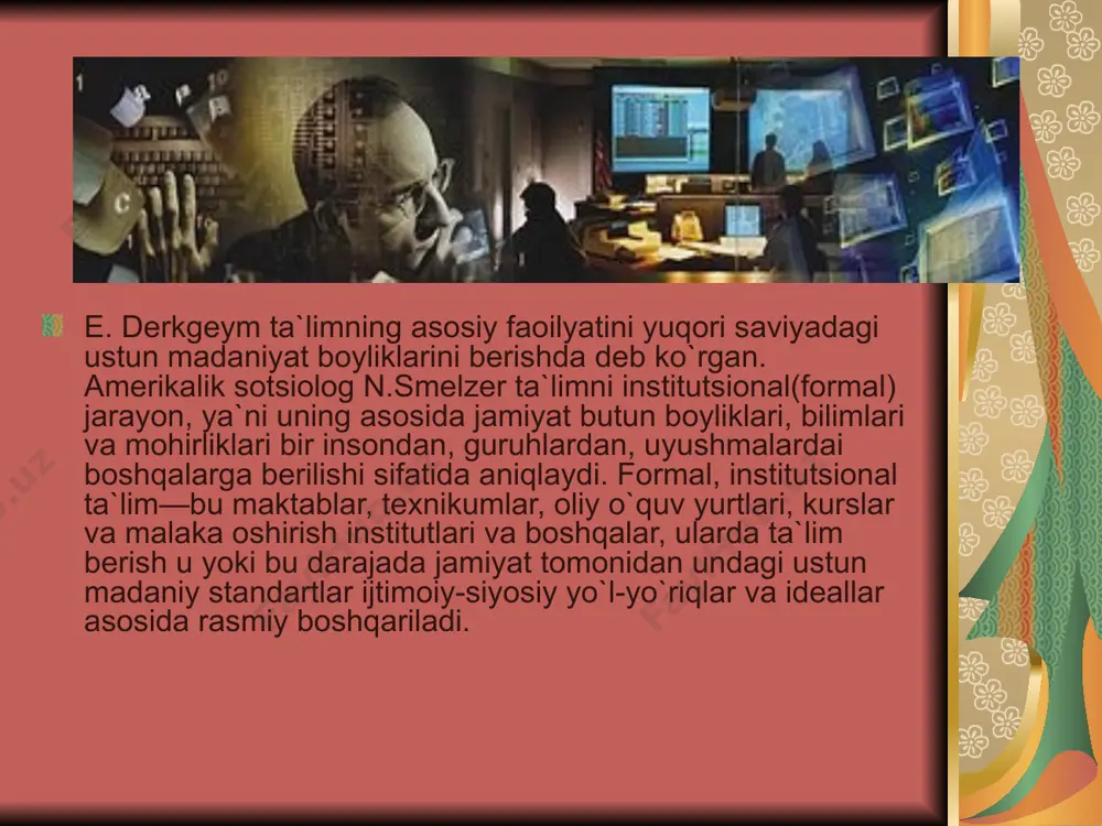ish muhim o`rin egallaydi; o`quv yurtlari ijtimoiy tizim, ijtimoiy institut va ijtimoiy tashkilotlar sifatida; o`quv faoliyati ta`lim sohasida ijtimoiy faoliyatning asosiy ko`rinishi sifatida; ta`lim tizimi ijtimoiy tuzilishi (o`quvchilar, pedagoglar, ta`lim tashkilotchilari va boshqalar), o`quvchilar, o`qituvchilar hayot tarzi va ijtimoiy ko`rinishi, ijtimoiy rollari, ijtimoiy statusi va boshqalar. ta`limda zamonaviy inqilob sohasida sotsiologik tadqiqotlar katta ahamiyatga ega. qariyb o`n yillar oldin xalq xo`jaligida band bo`lganlarning undan to`qqizi o`rta, o`rta maxsus va oliy ma`lumotga ega edi. aftidan, bunday yuqori ko`rsatkichlardan tamomila qanoat hosil qilishlik mumkin. lekin sotsiologik tadqiqotlar ta`lim tizimnning miqdor va sifat ko`rsatkichlari o`rtasidagi o`tkir qarama-qarshilikni ko`rsatadi, ijtimoiy taraqqiyot, ilmiy-texnik va axborotlar inqilobi talablariga mos yosh mutaxassislarni tayyorlash darajasi va xususiyati nomunosibligini aniqlaydi. xulosa ta`lim tizimining rivojlanishi yangi bozor sharoitlarida ancha murakkab muammolarni yuzaga keltiradi, ularni sotsiologik tadqiqot qilish ta`lim sotsiologiyasining muhim va aktual masalalaridan hisoblanadi. shunday qilib, ta`lim tizimining gumanizatsiyasi va demokratizatsiyasi, o`quv yurtlarining mustaqilligini, avtonomligini kengaytirish, davlat o`quv yurtlarini xususiylar …