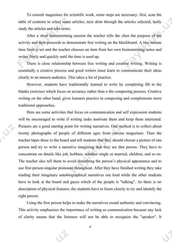 ld choose a picture of one person and try to write a narrative imagining that they are that person. they have to concentrate on details like job, hobbies, whether single or married, children, and so on. the teacher also tell them to avoid describing the person’s physical appearance and to use first person singular pronouns throughout. after they have finished writing they take reading their imaginary autobiographical narratives out loud while the other students have to look at the board and guess which of the people is "talking". as there is no description of physical features, the students have to listen closely to try and identify the right person. using the first person helps to make the narratives sound authentic and convincing. this activity emphasizes the importance of writing as communication because any lack of clarity means that the listeners will not be able to recognize the "speaker". it combines …