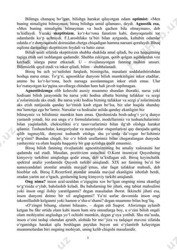 g‘oyalarda ifodalashdir gnoseologiya inson bilimi va bilishga doir juda ko‘p muammolar bilan shug‘ullanadi. u bizning bilimlarimiz qay darajada e’tiqod, qay darajada ko‘r- ko‘rona ishonch va qay darajada real borliqning haqiqiy in’ikosi ekanligini aniqlashga harakat qiladi. so‘nggi o‘n yilliklarda gnoseologiyada bilimlar o‘rtasidagi farq, «nimani bilaman», «qanday bilaman», «shaxsiy tajribamdan bilaman», «dalilga ko‘ra bilaman» kabi iboralar mazmunining o‘zaro nisbati masalalari muhokama qilinmoqda. bir so‘z bilan aytganda, gnoseologiya borliqni to‘liq qamrab olib, unda biron-bir tafsilotni nazardan qochirmaslikka harakat qiladi. demak gnoseologiya falsafaning eng muhim omilidir. inson aqli bilish pillapoyasidan yuqoriga ko‘tarilar ekan, har bir yangi pog‘onada qayta-qayta quyidagi savolga javob topishga harakat qiladi: dunyoni bilish mumkinmi?, bilishning chegaralari bormi? falsafada bu savollarga javob beruvchi uch asosiy yo‘nalishni farqlash mumkin: optimizm, agnostitsizm va skeptitsizm. optimistlar dunyoni bilish mumkinligini ta’kidlaydilar, agnostiklar, aksincha, buni rad etadilar (i.kant – «narsa o‘zida»). skeptiklar dunyoni bilish mumkinligini inkor etmaydilar biroq bilimning haqiqiyligiga shubha bildiradilar. 1 bilimga chanqoq bo‘lgan, bilishga …