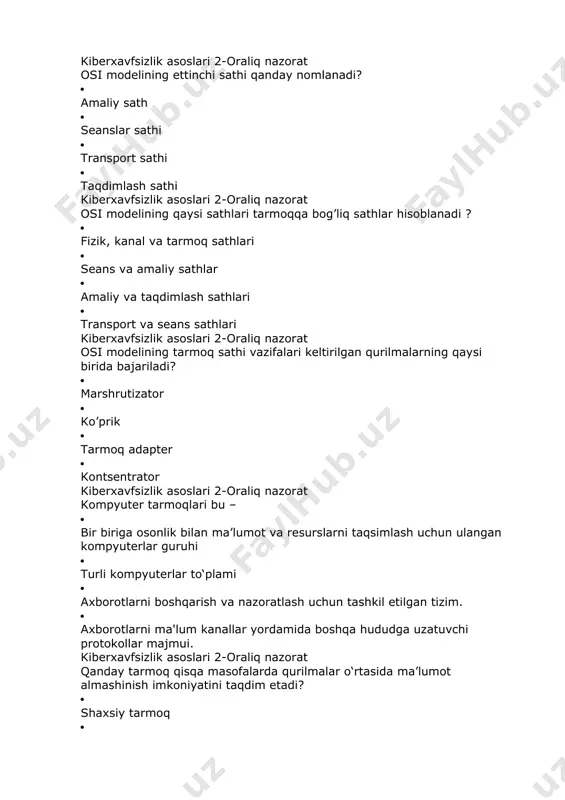 . tarmoqda har bir kompyuter yoki tugun markaziy tugunga individual bog‘langan bo‘ladi 1. tarmoqda yagona kabel barcha kompyuterlarni o‘zida birlashtiradi 1. yuboriluvchi va qabul qilinuvchi ma’lumot token yordamida manziliga yetkaziladi 1. tarmoqdagi barcha kompyuter va tugunlar bir-biri bilan o‘zaro bog‘langan bo‘ladi kiberxavfsizlik asoslari 2-oraliq nazorat tarmoq kartasi nima? 1. hisoblash qurilmasining ajralmas qismi bo‘lib, qurilmani tarmoqqa ulash imkoniyatini taqdim etadi 1. odatda signalni tiklash yoki qaytarish uchun foydalaniladi 1. tarmoq qurilmasi bo‘lib, ko‘plab tarmoqlarni ulash uchun yoki lan segmentlarini bog‘lash uchun xizmat qiladi 1. ko‘plab tarmoqlarni ulash uchun yoki lan segmentlarini bog‘lash uchun xizmat qiladi. qabul qilingan signalni barcha chiquvchi portlarga emas balki paketda manzili keltirilgan portga uzatadi kiberxavfsizlik asoslari 2-oraliq nazorat switch nima? 1. ko‘plab tarmoqlarni ulash uchun yoki lan segmentlarini bog‘lash uchun xizmat qiladi. qabul qilingan signalni barcha chiquvchi portlarga emas balki paketda manzili keltirilgan portga uzatadi 1. tarmoq qurilmasi bo‘lib, ko‘plab tarmoqlarni ulash uchun yoki lan segmentlarini …