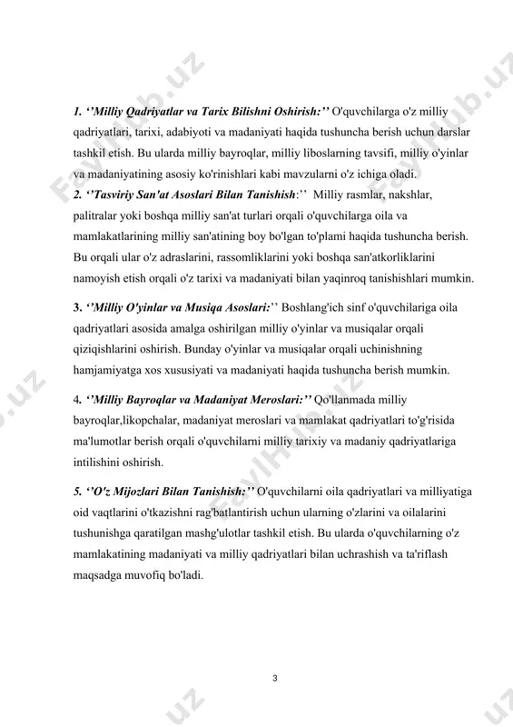 a qaratilgan mashg'ulotlar tashkil etish. bu ularda o'quvchilarning o'z mamlakatining madaniyati va milliy qadriyatlari bilan uchrashish va ta'riflash maqsadga muvofiq bo'ladi. milliy qadriyatlar asosida boshlang'ich sinf o'quvchilarini tarbiyalash metodikalari, ularning milliyatiga oid birinchi bo'lgan tahliliklariga ega bo'lishlarini ta'minlaydi va ularning o'z-ozlarini, oilalarini va mamlakatlari tarixiy va madaniy erkinliklariga oid ta'lim olishlari orqali ularni milliyatiga qatnashishga ko'maklashadi. bu usullar o'quvchilarning mustaqil fikrlash va shaxsiy rivojlanishini ham ta'minlaydi. i bob. boshlang'ich sinflarda milliy qadryatlarni o'quvchilar ongiga singdirish 1.1. milliy qadriyatlar asosida boshlangʻich sinf oʻquvchilarni tarbiyalashning ijtimoiy-psixologik o’rni mustaqil yurtimiz milliy tiklanishdan milliy yuksalish sari qadam qo'ydi. har bir davlatning rivojlanishi uchun oldiga qo'ygan maqsadiga, albatta, yosh avlodiga bergan mukammal bilimi, milliy tarbiyasi bilan erishadi. muhtaram prezidentimiz shavkat mirziyoyev o'z ma'ruzalarida: "yurtimizdagi har qaysi inson, har qaysi oilaning eng ezgu orzu-maqsadlari, hayotiy manfaatlari, avvalambor uning farzandlari timsolida namoyon bo'ladi, ro'yobga chiqadi", deya yosh avlod tarbiyasiga bo'lgan betakror fikrlarini bildirganlar. boshlang'ich sinfda asosiy masalalardan …