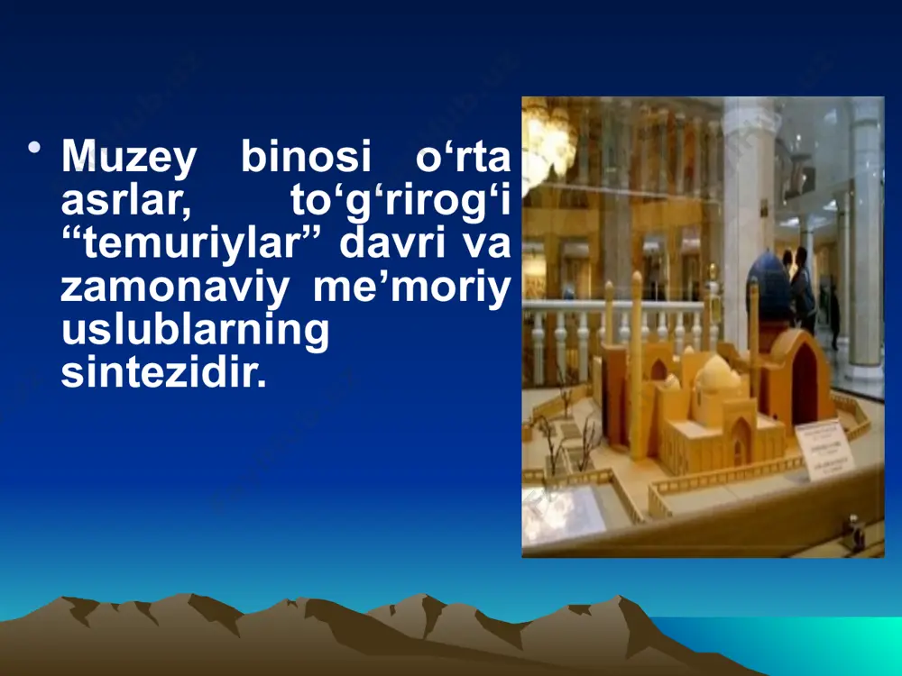 da muzey odamlar tashrif buyuradigan eng mashhur va jozibali maskanlardan biriga aylandi. 2006 yilda muzey o'zining 10 yilligini nishonladi, uning sharafiga yangi ekspozitsiya - "temuriylar tarixi davlat muzeyining 10 yilligi" ochildi. muzey maʼmuriyatidan maʼlum qilishlaricha, oʻn yil davomida turli mavzularda oʻttizga yaqin koʻrgazma tashkil etilgan, noyob muzey eksponatlari fransiya, aqsh, germaniya, avstriya kabi davlatlarda oʻtkazilgan xalqaro koʻrgazmalarda namoyish etilgan. tashkil etilganidan buyon muzeyga 1,5 milliondan ortiq kishi va 400 dan ortiq rasmiy delegatsiya tashrif buyurgan. . muzey ekspozitsiyasi har yili amir temurning serqirra shaxsi va temuriylar davrining boy merosidan dalolat beruvchi yangi qiziqarli eksponatlar bilan to‘ldirilib boriladi va bu dunyo olimlarida chinakam qiziqish uyg‘otadi e’tiboringiz uchun raxmat image1.png image2.jpeg image3.jpeg image4.jpeg image5.jpeg image6.jpeg /docprops/thumbnail.jpeg