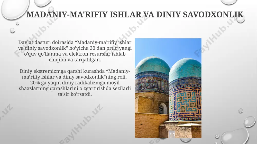 n 2023 yilda 2 baravarga oshdi, biroq ularning sifati va o'quv dasturlarini takomillashtirish bo'yicha ishlar davom etmoqda. 2018 yildan buyon diniy ekstremizm va terrorizmga qarshi kurashda 1000 dan ortiq shaxsga nisbatan jinoiy ishlar qo'zg'atilgan bo'lib, ularning aksariyati radikal guruhlarga aloqador. kelajakdagi istiqbollar va takliflar madaniyat va ma’rifatni rivojlantirishga yo‘naltirilgan 30 ta loyihani qo‘llab-quvvatlash orqali diniy bag‘rikenglikni oshirish va ekstremizmga qarshi kurashish bo‘yicha samarali strategiya ishlab chiqish tavsiya etiladi. diniy ta’lim muassasalarida zamonaviy axborot texnologiyalarini joriy etish darajasini 2026-yilga borib 80% ga yetkazish maqsadida tegishli dasturlarni ishlab chiqish zarur. qonunchilik bazasining takomillashtirilishi qonunchilik bazasini takomillashtirish doirasida 20 dan ortiq qonun va farmonlar qayta ko‘rib chiqilib, diniy sohaga oid 50 dan ortiq moddalar o‘zgartirildi va to‘ldirildi. diniy ekstremizm va terrorizmga qarshi kurashish bo'yicha 15 dan ziyod yangi qoidalar kiritildi, shu bilan birga, diniy erkinliklarni ta'minlashga oid 8 ta yangi band qo'shildi. e'tiboringiz uchun rahmat @taqdimot_robot image3.png image4.jpg image5.jpg image6.jpg image7.jpg image8.jpg image9.jpg …