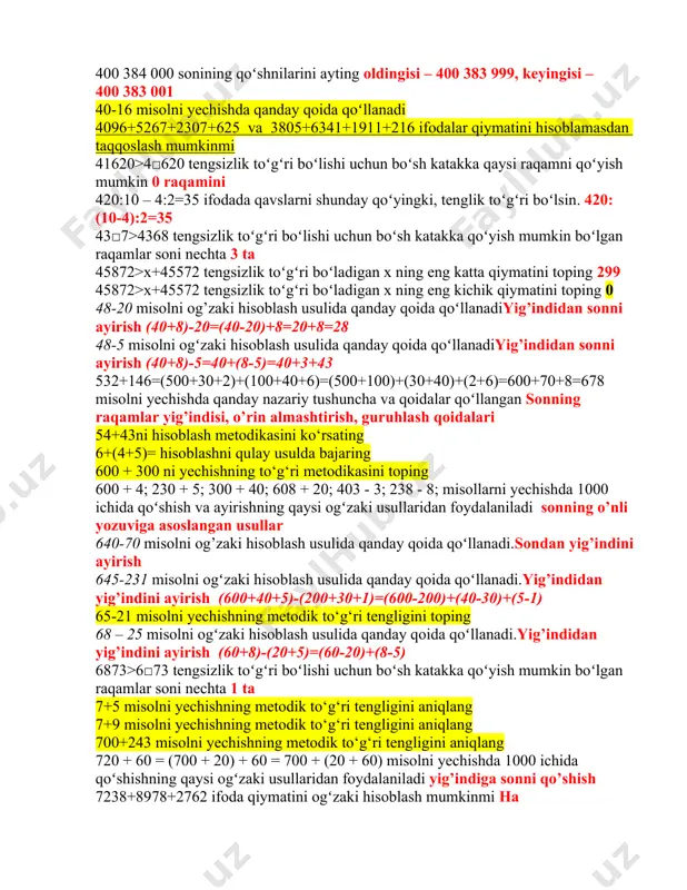 hta turli usul bilan aytish mumkin 380 + 60 = 380 + (20 + 40) = (380 + 20) + 40 =400+20=420 misolning yechilishida qoʻshishning qaysi qonunidan foydalaniladi songa yi’gindini qo’shish 4+3 yigʻindini topishni nechta turli usul bilan tushuntirish mumkin 3 ta (to’plamlarni birlashtirib, son o’qidan foydalanib, miqdorlarni o’lchab) 4·120 – 120:6=0 ifodada qavslarni shunday qoʻyingki, tenglik toʻgʻri boʻlsin. 4*(120-120):6=0 40+50 misolni yechishning metodik to‘g‘ri tengligini aniqlang 400 384 000 sonidagi eng katta xona birligini ayting yuz millionlar 400 384 000 sonidagi jami va alohida birliklarni ayting umumiy 400 384 000 birlik, alohida birlik mavjud emas 400 384 000 sonining qoʻshnilarini ayting oldingisi – 400 383 999, keyingisi – 400 383 001 40-16 misolni yechishda qanday qoida qoʻllanadi 4096+5267+2307+625 va 3805+6341+1911+216 ifodalar qiymatini hisoblamasdan taqqoslash mumkinmi 41620>4□620 tengsizlik toʻgʻri boʻlishi uchun boʻsh katakka qaysi raqamni qoʻyish mumkin 0 raqamini 420:10 – 4:2=35 ifodada qavslarni shunday qoʻyingki, tenglik toʻgʻri boʻlsin. 420:(10-4):2=35 …