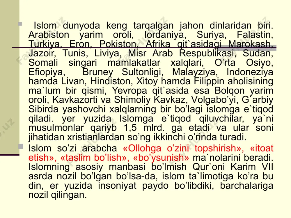an 23 yil mobaynida payg‘ambar muhammad alayhissalomga oyat-oyat, sura-sura tarzida nozil qilingan ilohiy kitobdir. bu kitob islom dinining muqaddas manbasi hisoblanadi. «qur’on» – arabcha «qara’a» (o‘qimoq) fe’lidan olingan. qur’on suralardan iborat. sura qur’ondan bir bo‘lak bo‘lib, eng kami uchta yoki undan ortiq oyatlarni o‘z ichiga oladi. qur’onda jami 114 ta sura mavjud. oyatlar soni esa, qur’on matnlarini taqsimlashning turli yo‘llariga ko‘ra, 6204 ta, 6232 ta, hatto, 6666 tagacha belgilangan. bu har xillik qur’on nusxalarining bir-biridan farqli ekanligini emas, balki undagi oyatlarning turlicha taqsimlanganligini bildiradi. suralar qur’on suralari ikki qismga bo‘linadi: 1) «makka suralari» hijratdan oldin nozil bo‘lgan (610–622-yy. 90 ta sura). 2) «madina suralari» – hijratdan keyin nozil bo‘lgan (622-y. dan 24 ta sura). islomning asosiy manbasi bo‘lmish qur’oni karim vii asrda nozil bo‘lgan bo‘lsa-da, islom ta’limotiga ko‘ra, bu din, yer yuzida insoniyat paydo bo‘libdiki, butun bashariyatga nozil qilingan. muhammad alayhissalom avvalgi payg‘ambarlar ishini davom ettirgan, ular dinini qayta tiklagan, …