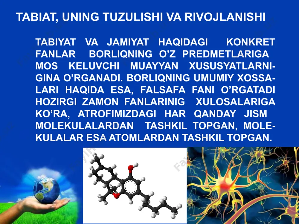 ora ko’p o’z ta’sirini ko’rsatadi, inson faqat har xil o’simlik va hayvonot turlari o’rnini o’zgartiribgina qolmay, binobarin ularni shu darajada o’zgartirdiki, uning faoliyati natijasida er shari umumiy o’limga mahkum bo’lgandagina u bilan birga yo’q bo’lib ketishi mumkin. shunday qilib, inson nafaqat tabiatni o’rganib biladi, balki o’zini o’rab turgan dunyoni o’zgartiradi, «ijod» qiladi ham. biroq landshaft (tabiat manzarasi)ni g`oyat o’zgartirib yuborgan va koinotgacha chiqa olgan insoniyat hech qachon tabiatdan uzilib ketaolmaydi, u hamma vaqt uning bag`rida yashaydi. free powerpoint templates page ‹#› jamiyat inson hayot faoliyatining tarixiy shakli sifatida jamiyat inson hayot faoliyatining tarixiy shakli sifatida hech qachon odamdarning oddiy birlashmasi bo’lgan emas va bo’lmaydi ham. jamiyat odamlar, ishlab chiqarish, iqtisodiy, madaniy va ijtimoiy tashkilotlar o’zaro ta’siri murakkab sistemasidan iboratdir. jamiyat bu muttasil rivojda bo’lgan a’zo (organizm)dir, u ayrim ijtimoiy elementlarning o’z boshimcha ishlariga yo’l qo’yuvchi g`ayri-ixtiyoriy birikma emas. tabiat esa-bu moddiy jismlar, realliklar majmuidan iborat bo’lib, ular jamiyat negizini tashkil …