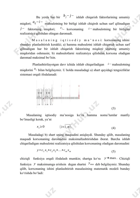 ifodalash mumkin; shartga ko‘ra chiziqli funksiya maksimumga erishsin degan shartni deb belgilaymiz. shunday qilib, korxonaning ishini planlashtirish masalasining matematik modeli bunday ko‘rishda bo‘ladi: 2. t r a n s p o r t m a s a l a s i. faraz qilaylik, ta punktlarda bir xil mahsulot ishlab chiqarilsin. ma’lum bir davr ichida har bir punktda ishlab chiqarilgan mahsulotning miqdori ga teng bo‘lsin. ishlab chiqarilgan mahsulotlar punktlarda iste’mol qilinsin hamda har bir punktning shu davr ichida mahsulotga bo‘lgan talabi ga teng bo‘lsin, punktlarda ishlab chiqarilgan mahsulotlarning umumiy miqdori punktlarning mahsulotga bo‘lgan talablarining umumiy miqdoriga teng, ya’ni deb faraz qilamiz. har bir ishlab chiqish punkti dan hamma iste’mol qiluvchi punktga mahsulot tashish imkoniyati bo‘lsin va gacha birlik mahsulotni olib borish uchun sarf qilinadigan xarajat pul birligiga teng bo‘lsin. bilan planlashtirilgan davr ichida punktdan punktga olib boriladigan mahsulotning umumiy miqdorini belgilaymiz. transport masalasining berilgan parametrlarini jadvalga joylashtiramiz. …. … … …