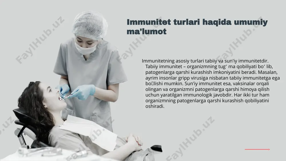 am tahdid soladi. s 0 w t immun tizimi inson organizmining himoya mexanizmi bo'lib, bir necha asosiy komponentlardan iborat: 1. **limfotsitlar**: t va b hujayralari immun javobni boshqaradi va antigenlarni aniqlaydi. 2. **makrofaglar**: zararlanuvchilarni yo'q qilishda va immun javobni kuchaytirishda muhim rol o'ynaydi. 3. **antitellar**: infektsiyalarga qarshi kurashishda yordam beradi. ushbu tizimning molekulyar tuzilishi antitellarning ishlab chiqarilishi va yallig'lanish jarayonlari orqali amalga oshadi, bu esa immunitetni ta'minlashda asosiy o'rin tutadi. immun tizimining tuzilishi immun tizimidagi hujayralar immun tizimida t-hujayralar, b-hujayralar va makrofaglar muhim rol o'ynaydi. t-hujayralar viruslar va boshqa patogenlarni aniqlashda va ularni yo'q qilishda ishtirok etadi. b-hujayralar esa antitellar ishlab chiqarib, organizmni infektsiyalardan himoya qiladi. makrofaglar esa o'z navbatida patogenlarni yutib, ularni yo'q qiladi hamda immun tizimiga boshqa hujayralarni jalb qiladi. bu hujayralar birgalikda organizmning immun javobini ta'minlaydi. t-hujayralar yordamida hosil bo'lgan xotira hujayralari kelajakda tez va samarali javob berish imkonini yaratadi. b-hujayralar tomonidan ishlab chiqarilgan antitellar esa infeksiyalar …