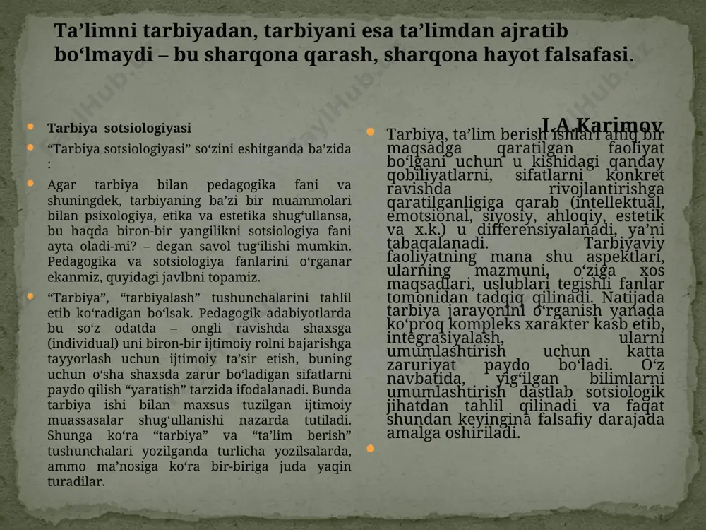 b keldi. biroq, fan-texnika qanchalik jadal rivojlanib, jamiyat hayotida muhim joy olib, ishlab chiqarish jarayonlarini tezlashuviga qanchalik samarali ta’sir etmasin, tarbiya nazariyasida shaxsni komil etib tarbiyalash, bu borada markaziy osiyo mutafakkirlari, halq pedagogikasi hamda jahon pedagogikasining ilg‘or fikrlariga tayanib ish ko‘rish zarur bo‘ladi. yoshlarni barkamol inson qilib tarbiyalashda birinchi navbatda sharq mutafakkirlarining qimmatli ma’naviy meroslari muhim dasturil amal ahamiyatiga ega bo‘ladi. muhammad al-horazmiy, abu nasr farobiy, abu ali ibn sino, abu rayhon beruniy, ahmad al-farg‘oniy, imom ismoil al-buhoriy, ahmad yassaviy, bahovuddin nahshband, amir temur, muhammad tarag‘ay ulug‘bek, alisher navoy va zahiriddin muhammad bobur singari olamga mashhur allomalarining ijtimoiy, siyosiy va falsafiy qarashlari barcha zamonlar uchun muhim ahamiyat kasb etadi. o‘z o‘tmish madaniy merosini chuqur o‘rganmagan va e’zozlamagan, ajdod-avlodlari bosib o‘tgan tarixiy yo‘lni idrok etmagan, milliy mustaqillik yo‘lida jon fido qilgan buyuk ajdodlar faoliyatidan habardor bo‘lmagan inson o‘zligini hech hachon anglab etolmaydi. o‘tmish madaniy merosini o‘rganish murakkab jarayoni sanaladi. madaniy merosi …