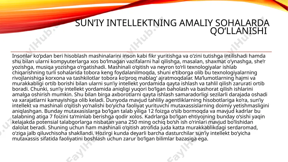 lanuvchilar tomonidan tanlanmoqda. buning sababi, bu dasturlash tilida keras, tensorflow kabi kutubxonalari mavjud bo‘lib, kutubxonalar yordamida suniyneyron tarmoqlarini amalga oshirish va ularni o‘qitish uchun yetarli resurslar jamlangan. sun’iy intellekt va neyron torli texnalogiyalar sun’iy intellekt qaerda qo‘llaniladi ? ta’limda ➢ nutqni tanish ➢ biometrya ➢ ma’lumotlarni intelektual tahlil qilish ➢ iqtisod ➢ meditsina ➢ internet ➢ ishlab chiqarish ➢ xavsizlik ta’minlash ➢ sun’iy intelektning asosiy yo‘nalishlari ➢ bilimlarga asoslangan tizimlarni ishlab chiqarish ➢ nutqni anglash va tahlil qilish ➢ mashinani o‘qitish va o‘z - o‘zini o‘qitish xususan quydagi sun’iy intellektdan samarali tarzda foydalanayotganva hayotimizda keng tarqalgan dasturiy xizmatlarning qisqacha ro‘yxati keltirilgan: gmail xizmati: gmail dasturi xabarlarni kategoriyalariga bo‘lishda yoki span xabarlarni aniqlashda sun’iy intellektdan foydalanadi. google xizmati: bu qidirivda harflarning terganingiz sari google sizga mos keluvchi eng yaxshi tavsiyalar bera boshlaydi. ushbu funksional hamsun’iy intellekt yordamida mukammallashtirilgan. tavarlan tavsiyasi: amazon va shunga o‘xshash onlayn xarid xizmatlari sizning ta’bingizdan kelib chiqib, …