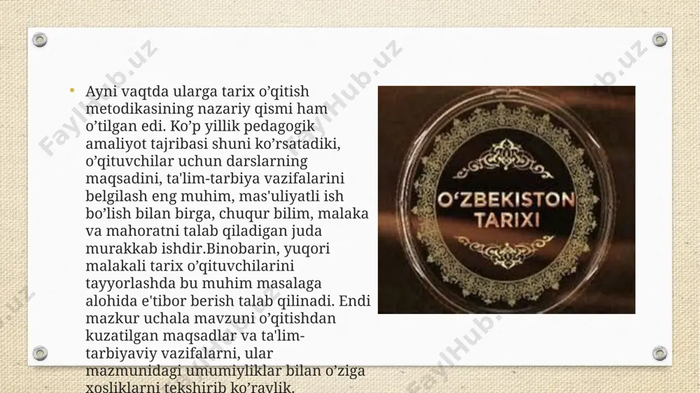 xiy faktlarni o’zlashtirish ta'lim-tarbiya jihatidan har qancha muhim bo’lsa ham, faktlarni bilishning o’zi o’quvchilarning tarixni bilish jarayonidagi birinchi bosqichdir.tarixni o’rganib, bilib olishning ancha yuqoriroq bosqichi tarixiy faktlar o’rtasidagi muhim bog’lanish va munosabatlarni bilib olish, ularni amalda tadbiq eta olishdan iboratdir. o’quvchilar tarixiy jarayonni va tarixiy rivojlanishning hamma bosqichlaridagi ijtimoiy hayotning turli tomonlarini xarakterlab beruvchi muhim tarixiy faktlarni puxta o’zlashtirib olgan bo’lishlari zarur. image4.png image5.png image6.png image3.png /docprops/thumbnail.jpeg