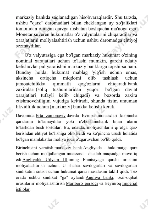 bo'yicha to'lovlarni to'xtatib qo'ygan edi. shu vaqtdan boshlab britaniya hukumati hech qachon kreditorlarning qarzini to'lamaydi. keyingi asrlarda evropaning boshqa davlatlari va keyinchalik butun dunyo bo'ylab o'zlarining davlat qarzlarini boshqarish uchun shu kabi moliyaviy institutlarni qabul qilishdi. 1815 yilda, oxirida napoleon urushlari, britaniya hukumati qarzi yaimning 200% dan yuqori darajasiga etdi. 2018 yilda hukumatning global qarzi 66 trillion dollarga tenglashdi yoki bu global yalpi ichki mahsulotning taxminan 80 foizini tashkil etdi. davlat va suveren obligatsiyalar. davlat qarzi markaziy razvedka boshqarmasi tomonidan yaimga nisbatan foiz sifatida (2012) davlat qarzdorligi - bu bog'lanish milliy hukumat tomonidan chiqarilgan. bunday obligatsiyalar aksariyat hollarda mamlakat ichkarisida ko'rsatilgan valyuta. suverenitetlar xorijiy valyutada ham qarz chiqarishi mumkin: 1979 yildan 2006 yilgacha rivojlanayotgan mamlakatlarning ayrim qarzdorligining qariyb 70 foizi aqsh dollarida ko'rsatilgan. ba'zida davlat zayomlari deb hisoblanadi tavakkalsiz obligatsiyalar, chunki milliy hukumatlar, agar kerak bo'lsa, majburiyatni o'z valyutasida to'lash muddatiga qadar sotib olish uchun pul mablag'larini yaratishi mumkin. garchi …