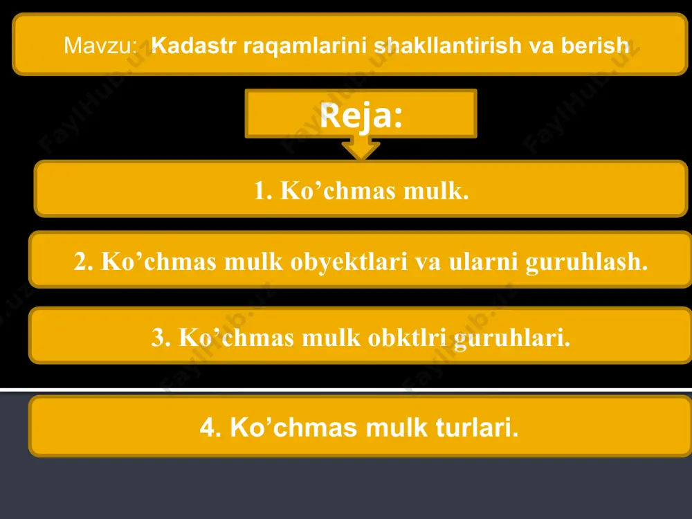 ⏩ ee — kadastr massivi doirasida kadastr mavzesi raqami (kodi)ni bildiruvchi ikki razryadli o‘nli son; ⏩ ffff — kadastr mavzesi doirasida yer uchastkasi raqami (kodi)ni bildiruvchi to‘rt razryadli o‘nli son; ⏩ gggg — yer uchastkasi doirasida bino, inshoot raqami (kodi)ni bildiruvchi to‘rt razryadli o‘nli son; ⏩ hhh — bino, inshootlar bir qismi raqami (kodi)ni bildiruvchi uch razryadli o‘nli son. 🌟kadastr raqami qanday ma'nolarni anglatadi? 🫥 kadastr raqami quyidagi tuzilmaga ega: аа : вв : сс : dd : ee : ffff : gggg : hhh bunda: ◼️ аа - viloyat raqami; ◼️ вв – tuman yoki shahar kod raqami; ◼️ сс - kadastr zonasi raqami; ◼️ dd - kadastr massivi raqami; ◼️ ее - kadastr mavzesi raqami; ◼️ ffff - yer uchastkasi raqami; ◼️ gggg - bino, inshoot raqami; ◼️ ннн - bino, inshootlar bir qismi raqami. eslatma ❗️yer uchastkasiga, bino, inshootga egalik qilish huquqlarining boshqa qonuniy huquq egasiga o‘tishi …