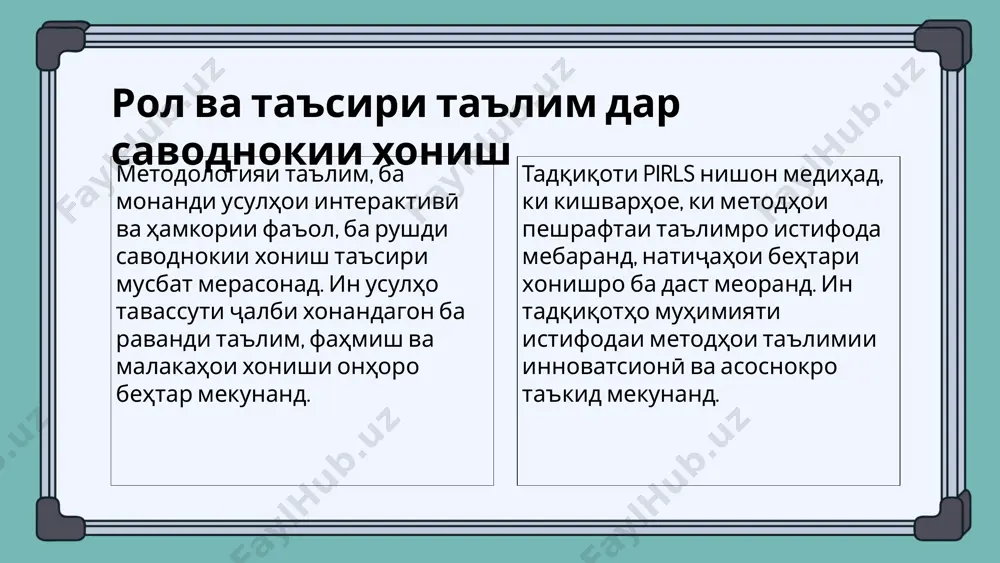 изатсияшуда ва таҳқиқоти амалӣ, барои арзёбии сатҳи саводнокии хонандагон истифода мешаванд. ин дастгоҳҳо метавонанд маълумоти муҳимро дар бораи самаранокии методологияи таълим ва талаботҳои хонандагон фароҳам оранд. мисолҳо ва хулосаҳое, ки аз таҳлилҳо гирифта шудаанд, нишон медиҳанд, ки хонандагони фаъол ва ба таҳсил шавқманд бештар имконият доранд, ки дар саводнокии хониш муваффақ шаванд. ин таҳлилҳо инчунин ба аниқ кардани заъфҳо ва фурсатҳои такмили таълим кумак мерасонанд. барои фаҳмиши беҳтар, иловаи диаграмма тавсия дода мешавад, ки равандҳои таҳлилӣ ва самаранокии таълимро нишон медиҳад. саҳми ҷомеа дар таълими фарогир воситаҳои ҷалби ҷомеа ба таълим метавонанд шомили ташкил кардани чорабиниҳои ҷамъиятӣ, ҳамкориҳои мактаб бо волидон ва гурӯҳҳои маҳаллӣ бошанд. ин чорабиниҳо кумак мекунанд, ки ҷомеа дар раванди таълим фаъолона иштирок намояд ва эҳсоси масъулиятро дар назди таълиму тарбияи фарзандони худ пайдо кунад. таҳлили таъсироти ҷомеа бар саводнокӣ нишон медиҳад, ки ҷомеа метавонад ба рушди қобилиятҳои хонандагон таъсири амиқ расонад. ҳамкории фаъол байни мактаб ва …
