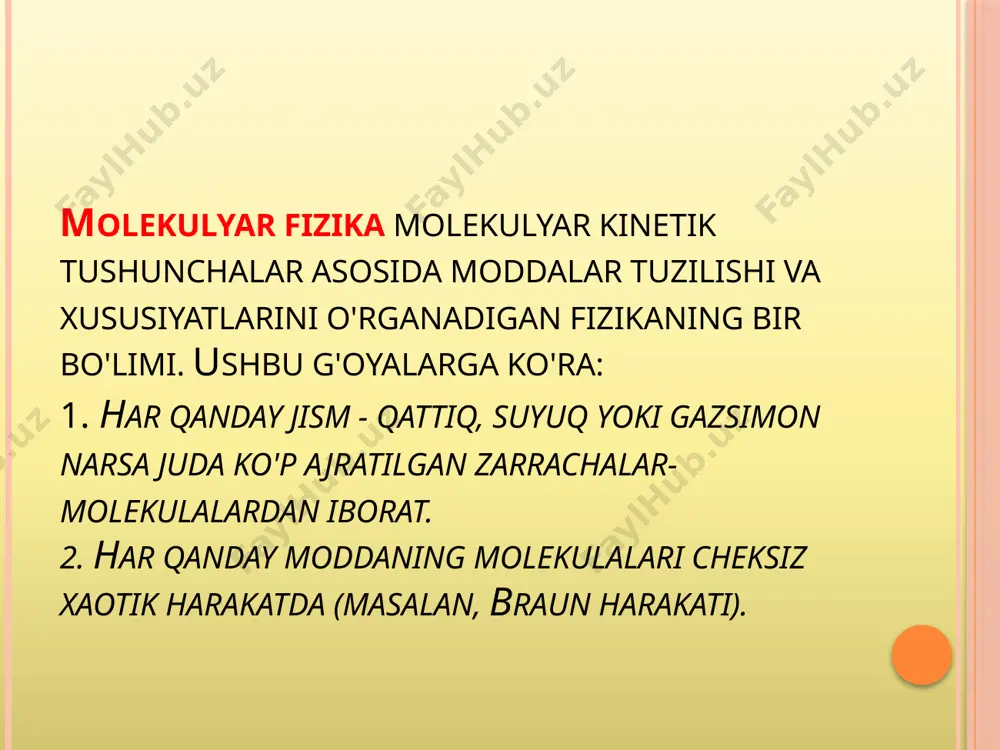 dalar atom holda emas, ideal gaz nima? gazlar murakkab tuzilgan. ular milliardlab energiyaga ega gaz molekulalariga toʻla, ular ixtiyoriy paytda toʻqnashishi va bir-biri bilan oʻzaro taʼsirda boʻlishi mumkin. haqiqiy gazni aniq tasvirlab berish qiyin boʻlgani sababli odamlar ideal gaz tushunchasini haqiqiy gazlarni modellashtirish va oʻrganishga yordam beradigan yaqinlashish sifatida yaratdi. ideal gaz atamasi quyidagi bir necha qoidalarga boʻysunadigan molekulalardan tashkil topgan faraziy gazni anglatadi. 1.ideal gaz molekulalari oʻzaro taʼsirlashmaydi. taʼsir faqatgina gaz molekulalari oʻzaro yoki devor molekulalari bilan elastik toʻqnashganda kuzatiladi.[elastik toʻqnashuv nima?] 2.ideal gaz molekulalari moddiy nuqta deb qaraladi. gaz molekulalar jamlanmasi boʻlgani sababli hajmga ega, biroq molekulalar moddiy nuqta boʻlib, hajmga ega emas. ideal gaz qonunining molyar koʻrinishi qanday? ideal gazning bosimi pp, hajmi vv va temperaturasi tt orasidagi bogʻlanish ideal gaz qonuni deyiladi. ushbu munosabatning soddaligi biz odatda gazlarni ideal deb hisoblashimizning katta sababidir, agar buning aksini qilish uchun boshqa sabablar boʻlmasa. pv=nrt pv=nrt, v, equals, n, …