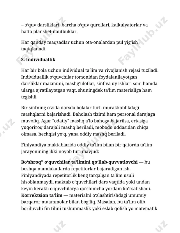 lishadi, lekin uning o‘rgatilayotgan fanga qiziqishi yoki qobiliyati bo‘lmasa, darrov "ikki" baho bilan "siylashmaydi", bolani kelgusida uncha murakkab bo‘lmagan, amaliy jihatdan foydali bo‘lgan kasbga yo‘naltirishadi. hamma ham samolyot ixtiro qilishi shart emas, avtobuslarni ham kimdir boshqarishi kerak-ku, axir! bunga ham o‘rta maktabda chora ko‘riladi - muayyan o‘smir litseyda bilimlarini davom ettirishi kerakmi yoki olgan bilimlari yetarlimi, professional kasb-hunar maktabiga borish kerakdir, ehtimol. ta'kidlash joizki, bu ikki yo‘l ham mamlakatda birdek qadrlanadi. har bir bolaning u yoki bu faoliyatga moyilligini aniqlash "kelajak o‘qituvchisi" tomonidan test va suhbatlar yo‘li orqali amalga oshiriladi. umuman olganda, finlyandiya maktabida ta'lim jarayoni yumshoq, biroq bu maktabni jiddiy qabul qilmasa ham bo‘ladi, degani emas. maktab rejimiga rioya qilish majburiy. barcha o‘tkazib yuborilgan darslarda qayta o‘tirishga to‘g‘ri keladi. masalan, o‘qituvchi 6-sinf o‘quvchisi uchun o‘z jadvalidan "bo‘sh soat"ni belgilaydi yoki 2-sinfning darsiga kirib o‘tiradi. dars qiladimi, zerikib o‘tiradimi, o‘ziga havola. kichik yoshlilarga xalaqit bersa, bu hisobga o‘tmaydi, yana boshqa …