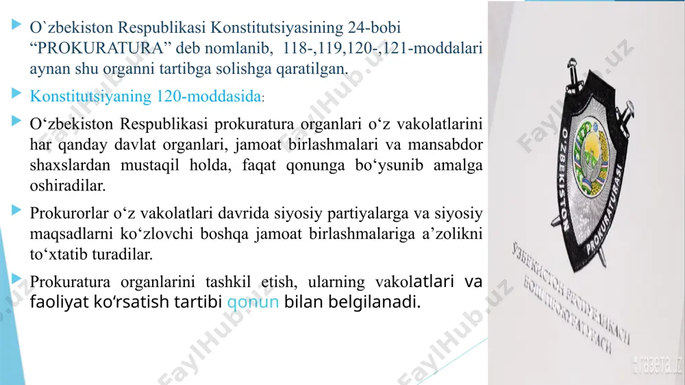 publikasi prezidenti shavkat mirziyoyevning “jinoyatlarni tergov qilish sohasida malakali kadrlarni tayyorlashning sifat jihatidan yangi tizimini joriy etish to`g`risida”gi farmoni e`lon qilindi.bunga ko`ra: bosh prokuratura akademiyasi negizida o`zbekiston respublikasi huquqni muhofaza qilish qilish akademiyasini tashkil qilish hamda jinoyatlarni tergov qilish sohasida kadrlarni amaliyot bilan uzviy bog`liqliginita`minlagan holda yagona yondashuv asosida tayyorlashga qaratilgan uzluksiz o`quv tizimini yo`lga qo`yish ko`zda tutilgan. e`tiboringiz uchun rahmat! image1.jpg image2.jpg image3.jpg image4.jpg image5.jpg