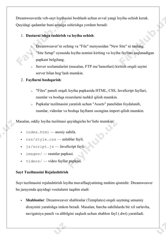 siyasidan foydalanish mumkin. rejalashtirish jarayonida quyidagi jihatlarga e’tibor berish lozim: · foydalanuvchi tajribasi (ux): sayt navigatsiyasi qulay va intuitiv bo‘lishi kerak. · moslashuvchanlik: sayt turli qurilmalarda (kompyuter, planshet, smartfon) to‘g‘ri ko‘rinishi uchun media so‘rovlar (media queries) qo‘llaniladi. · seo: sahifalarga to‘g‘ri meta-teglar va sarlavhalar qo‘shish orqali qidiruv tizimlari uchun optimallashtirish amalga oshiriladi. matn, rasm va multimedia elementlarini joylashtirish dreamweaverda matn, rasm va multimedia elementlarini joylashtirish jarayoni sodda va samaralidir. quyida bu jarayonning asosiy qadamlarini ko‘rib chiqamiz: 1. matn qo‘shish: · vizual rejimda matnni to‘g‘ridan-to‘g‘ri sahifaga kiritish mumkin. masalan, tegi orqali sarlavha yoki tegi orqali paragraf qo‘shiladi. · "properties" paneli orqali matnning shrifti, o‘lchami, rangi va boshqa uslublarini sozlash mumkin. · masalan, quyidagi html kod orqali sarlavha qo‘shiladi: · assalomu alaykum, bu mening veb-saytim! 2. rasm qo‘shish: · "insert" menyusidan "image" ni tanlab, rasm faylini loyihaga qo‘shish mumkin. · rasmlarni moslashuvchan qilish uchun css orqali max-width: 100%; height: auto; kabi uslublar …
