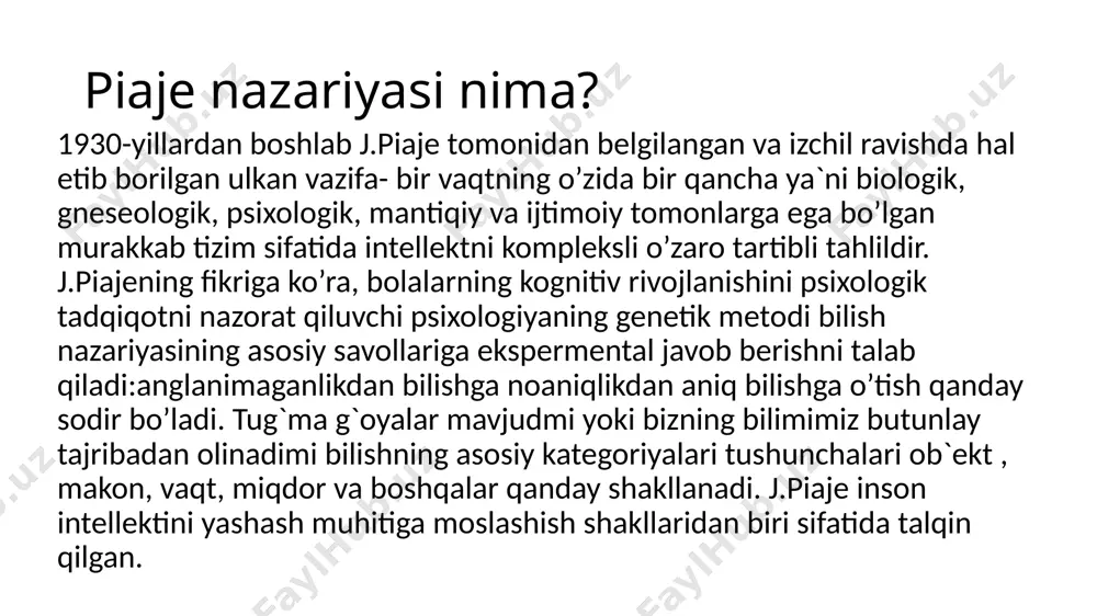 ssimiliyatsiya va akkomodatsiyadan hosil bo’ladi. assimiliyatsiya va akkomodatsiya qarama-qarshi yo’nalgan lekin chambarchas bog`liq va xulq-atvordagi bir-birini to’ldiruvchi tendentsiyadir. ovqat va hazm qilish bilan qiyoslasa bo’ladi. muammoli vaziyatni hal qilish mavjud bo’lgan harakat chizmasi yoki kognitiv chizma yordamida sodir bo’ladi. mutolaa qilganda axborot assimilyatsiyasi yuz beradi. bola umumiy qilib olish chizmasidan foydalanib har xil ob`ektlarni olish mumkin. assimilyatsiyani bilish tuzilishlarini bir butunligini barqarorligini ta`minlaydi. muammoli vaziyatni o’zi yoki yangi ob`ekt ba`zi o’zgarishlarga (transformatsiyalarga) uchragan. embrionga amnion suyuqligi bilan to‘lgan amnion qobig‘i joylashadi. amnion qobig‘i embrionni himoya qilib, doimiy haroratini ta’minlab turadi. embrion ona bilan ikki tizimcha orqali bog‘langan. kindik tizimchasi embrionni yo'ldosh bilan bog‘lovchi qon tomirlaridan iborat. yo‘ldoshga qon tomirlar kindik tizimchasi orqali onaning qon tomirlarigacha yetib boradi, lekin bevosita ular bilan birlashmaydi. qon kindik qon tomirlarining barmoqsimon o‘simtalari — qilchalar orqali oqadi. qilchalar ona qon tomirlariga bevosita yaqin joylashgan, bu vitaminlarning o‘tishi, shuningdek, ona qoniga almashinuv mahsulotlarining diffuziya mexanizmi hisobiga …
