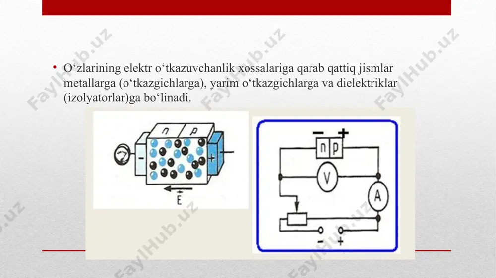 bu nobudlik quyidagi formula bilan aniqlanadi: bu yerda k – material xususiyatiga bog‘liq bo‘lgan koeffitsiyent; f – o‘zgaruvchan tok chastotasi; e – elektr maydonining kuchlanganligi. biror elementga qo‘shilganda erkin elektronlar hosil qiluvchi element, masalan, surma donor deyiladi, donor qo‘shilgan element esa, n – tipli yarim o‘tkazgich deyiladi teskari ulanishda teshik va elektronlar tok manbaining turli qutblari tomon tortilishi sababli, to‘siq juda katta qarshilikka ega bo‘lib, undan o‘tadigan tok juda kichik, to‘g‘ri ulanishda esa, aksincha bo‘ladi. demak, p-n qatlam bir tomonlama o‘tkazish, ya’ni ventil xususiyatiga ega bo‘ladi. shu sababli yarim o‘tkazgichli dioddan o‘zgaruvchan tokni o‘zgarmas tokka aylantirishda keng foydalaniladi. diod, tranzistor, rezistor, induktivlik, kondensator kabi jajji asboblarning maxsus texnologiya asosida plyonkaga bosilib, o‘zaro biriktirilishidan hosil bo‘lgan sxemalar mikrosxemalar deyiladi. bu sxemalarni yaratishda elektron – nur va lazer texnikasidan foydalaniladi. murakkab elektrotexnik va elektron hisoblash mashinalarida bunday jajji asboblar ming-minglab ishlatiladi. shu sabali ularning ixcham va pishiq, ishlatishga qulay bo‘lishi juda katta …