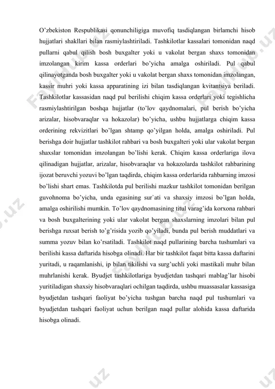 holda, amalga oshirilishi mumkin. to’lov qaydnomasining titul varag’ida korxona rahbari va bosh buxgalterining yoki ular vakolat bergan shaxslarning imzolari bilan pul berishga ruxsat berish to’g’risida yozib qo’yiladi, bunda pul berish muddatlari va summa yozuv bilan ko’rsatiladi. tashkilot naqd pullarining barcha tushumlari va berilishi kassa daftarida hisobga olinadi. har bir tashkilot faqat bitta kassa daftarini yuritadi, u raqamlanishi, ip bilan tikilishi va surg’uchli yoki mastikali muhr bilan muhrlanishi kerak. byudjet tashkilotlariga byudjetdan tashqari mablag’lar hisobi yuritiladigan shaxsiy hisobvaraqlari ochilgan taqdirda, ushbu muassasalar kassasiga byudjetdan tashqari faoliyat bo’yicha tushgan barcha naqd pul tushumlari va byudjetdan tashqari faoliyat uchun berilgan naqd pullar alohida kassa daftarida hisobga olinadi. budjet tashkilotlarida kassa muomalalari hisobini tashkil etishning o`ziga xos xususiyatlari budjet mablag’lari hisobi yuritiladigan shaxsiy hisobvaraqlari bo`yicha budjetdan tashqari mablag’lar hisobi yuritiladigan shaxsiy hisobvaraqlari bo`yicha 2-rasm. byudjet tashkilotlarida kassa muomalalari va ular hisobini tashkil etishning o`ziga xos xususiyatlari2 normativ- huquqiy asoslar: o’zbekiston respublikasi konstitutsiyasi, o’zbekiston respublikasi …