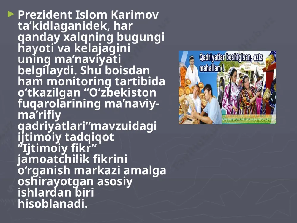 arning aksariyati (71,3 foizi) qoniqarli javob bergan. so‘rov ishtirokchilari ushbu omilni aniqlashda avvalgi yillardagi kabi “mamlakat va oiladagi tinchlik hamda barqarorlik”ni, keyin “yaxshi ish, o‘z ishi va ma’lumotga ega bo‘lish”, “qarindoshlari va yaqinlarining salomatligi”, “moddiy farovonlik”ni birinchi o‘ringa qo‘ygan. tobora rivojlanib borayotgan jamiyatimizda mehnatning ma’naviy-axloqiy ahamiyati ortib bormoqda. aholining asosiy qismi mehnatni nafaqat pul ishlab topish yo‘li, balki asosiy hayotiy qadriyatlardan biri sifatida qabul qiladi. bunda mehnat qilish (jamiyat va odamlarga foyda keltirish) hamda uning mazmun-mohiyati katta ijtimoiy ahamiyatga ega ekanligiga e’tibor qaratilmoqda. fuqarolarning fikricha, hayotda muvaffaqiyatga erishish uchun avvalo, katta mahorat, mehnat qilish ishtiyoqi (boshqa mutaxassislikka ega bo‘lish qobiliyati) va zarur ma’lumotga ega bo‘lish darkor. image1.jpeg image2.jpeg image3.jpeg image4.jpeg image5.jpeg image6.png /docprops/thumbnail.jpeg