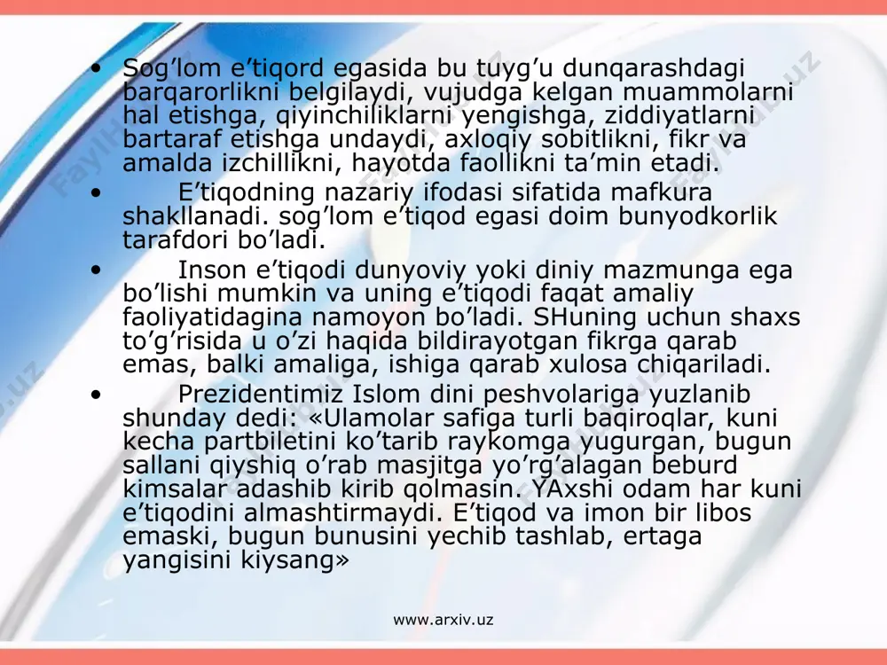 lganda diniy ateisitik dunyoqarash emas, mutaassibona dindorlik emas, balki sof diniy e’tiqod va moddiy olamning ob’ektiv qonunlarini anglab yetish, har ikki tarafga ilm nuqtai nazaridan qarash tushuniladi. chunki, diniylikni ham, ateistik qarashlarni ham ob’ektiv ijtimoiy hodisa sifatida e’tirof etiladi. ba’zi adabiyotlarda ateizm va dahriylik tushunchalari sinonim sifatida talqin etiladi. lekin bu noto’g’ri. dahriylik ateizm emas. islom ensiklopediyasida, dahriylik arabcha dahr, ya’ni, vaqt, taqdir, falak ma’nolarini beradi, deyiladi. dahriylik - islom paydo bo’lmasdan ilgari arab jamiyatida keng tarqalgan bo’lib, “aqida”, “o’lim”, “taqdir”, “ajalining kelishi” ma’nolarini anglatgan. bu aqidaga ko’ra, insonning taqdiri oldindan belgilab qo’yilgan, u erkin iroda yoki ixtiyor egasi emas, peshonasiga “yozilgan” narsa albatta sodir bo’ladi va undan qutilishning iloji yo’q. jahiliya arablaridan narigi dunyo borligiga, bu dunyoda zahmat chekkanga u dunyoda ajr, gunoh ishlar qolganlarga azob berilishiga ishonch yo’q edi. borliqning egasi, oliy xokimi sifatida muayyan bir xudo emas, qandaydir “dahr”, taqdiri falak, inson irodasi bilan hisoblashmaydigan va undan …