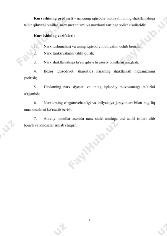 iyat yuritishi mumkin. bunday narxlar raqobatli tanlov, talab va taklif nisbati, bozor muvozanatining tiklanishini hisobga olgan holda sotuvchi va xaridor o‘rtasidagi savdo va oldi-sotdi shartnomasi natijasida hosil bo‘ladi. narx-navo, ya’ni baho bozorning unsurlari ichida eng murakkab elementidir. u har doim o‘zgarib turadigan, harakatchan mexanizm bo‘lib bozordagi vaziyat o‘zgarishlariga tez va chaqqonlik bilan moslashib boradi. narx va narx belgilash siyosati marketingning bosh tarkibiy qismlaridan biridir. oxirgi yillarda narx bo‘yicha olib borilgan keng ko‘lamli ishlar natijasida mikroiqtisodiyot va marketing orasidagi masofa kamaymoqda. mahsulotning narxi va nafliligi o‘rtasidagi nisbat har bir iqtisodiy kelishuvning asosidir. narx marketing va firma faoliyatining boshqa o‘zgaruvchilari bilan uzviy aloqada bo‘ladi. u tovarning hayotiylik sikli davomida o‘zgarib turadi. marketingda baho siyosatining mohiyati, bozorda aniq ulushga erishish, ko‘zda tutilgan foydani olish va boshqa strategik va tezkor masalalarni yechish uchun firma tovarlariga narx belgilash va narxlarni o‘zgartirib turishdan iborat. bozor narxlarining asosiy xususiyati - ularning doimo o‘zgarib turish qobiliyatidir. bu tabiiydir, …