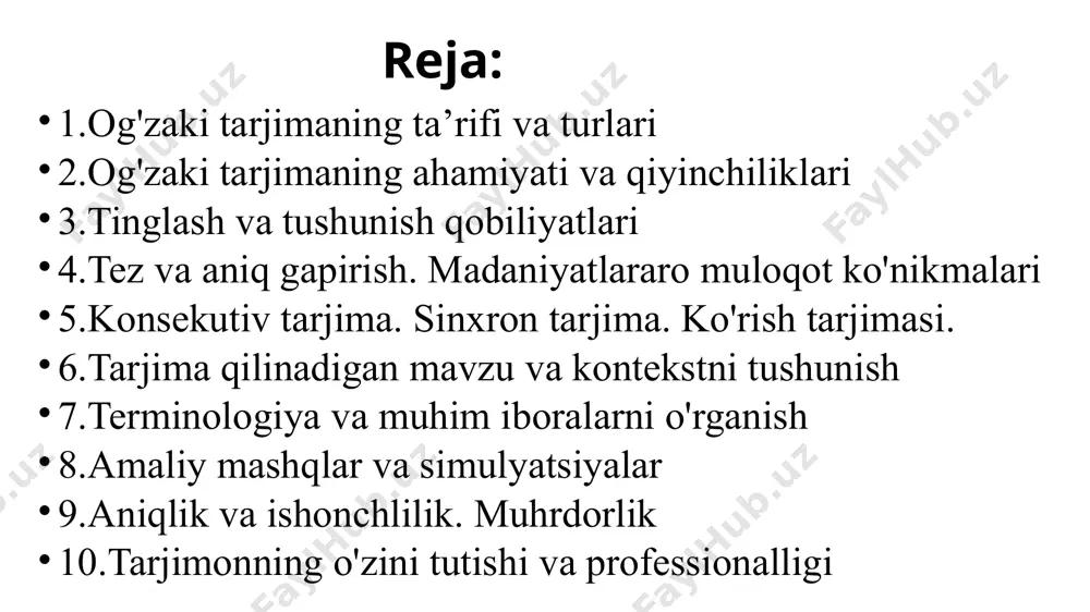 ob’ekt. o‘zbek tilida esa: sop sub’ekt – ob’ekt – predikat. shu bois, o‘zbek tilidan ingliz tiliga yoki fransuz tiliga tarjima qilishda, o‘zbek tilida predikatning aytilishini kutish lozim bo‘ladi. misol: minglab kishilar neytron bombasiga qarshi uyushtirilgan mitingda qatnashdilar. thousands of people participated in the meeting of againest n-bombs. sinxron tarjima – bu tarjimaning shunday turidirki, bunda tarjimon so‘zlovchining nutqini eshitib, shu zahotiѐq ikki-uch daqiqada tarjima qilishi kerak. qoidaga muvofiq sinxron tarjima texnik vositalarni qo‘llash yo‘li bilan amalga oshadi. bunda so‘zlovchining nutqi maxsus kabinada o‘tirgan tarjimonga «eshitgichlar» orqali yetkaziladi va tarjimonning mikrofonga bergan tarjimasi tinglovchilarga yetkaziladi. sinxron tarjima jarayonida tarjimon juda katta ruhiy va jismoniy mashaqqatni boshdan kechiradi. sinxron tarjima jaraѐni – o‘ta murakkab jaraѐn hisoblanadi. tarjimon so‘zlovchi nutqi tezlik darajasidan orqada qolmasdan tarjima qilishi zarur. shuning uchun, sinxron tarjimonlar 20-30 daqiqa mobaynida ishlaydilar, sinxron tarjima boraѐtgan paytda tarjimonlar o‘rin almashadilar. sinxron tarjimaning yana bir turi borki, bunda tarjimon retseptor yonida turib …
