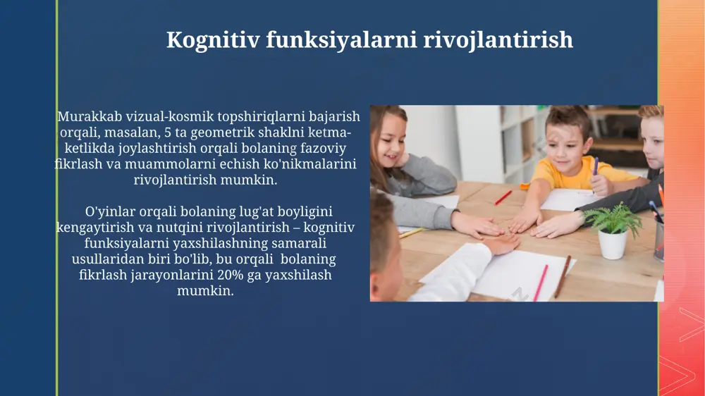 maktabdagi muvaffaqiyat ehtimolini yuqorilatadi. o'z-o'zini boshqarish ko'nikmalari, bolaning diqqatini 15-20 minut davomida biror ishga jamlashini, topshiriqlarni rejalashtirish va bajarish ketma-ketligini tushunishini nazarda tutadi. muloqot va til rivojlanishi maktabgacha ta’limda bolaning lug‘at boyligini 500-1000 so‘zgacha oshirish, grammatik tuzilmalarni tushunish va sodda gaplarni tuzish ko‘nikmalarini rivojlantirish muhim ahamiyatga ega. bolalarda nutqning aniqligi va ifodasi, jumla tuzilishi, tovushlarni to‘g‘ri talaffuz qilish kabi 3 ta asosiy parametrlar bo‘yicha monitoring olib borish kerak. maktabga tayyorgarlikda mashg'ulotlarning ahamiyati maktabgacha tayyorgarlik mashg'ulotlari bolaning 5-7 yoshdagi rivojlanish bosqichiga moslashtirilgan holda, o'quv jarayoniga muvaffaqiyatli moslashishini ta'minlaydi va o'qishga bo'lgan qiziqishini oshiradi. mashg'ulotlar bolaning nutqini rivojlantirishga, lug'at boyligini 1000 ga yaqin so'zga yetkazishga va mantiqiy fikrlash qobiliyatini 30% ga oshirishga yordam beradi, bu esa maktabdagi o'qishni osonlashtiradi. bolaning intellektual rivojlanishiga ta'siri maktabgacha ta’lim dasturlari bolaning lug’at boyligini 500-1000 so’zga oshirishi mumkin, bu esa maktabdagi o’qish va yozishni o’rganishni osonlashtiradi. sistematik o’yinlar va mashqlar orqali bolaning analitik va mantiqiy fikrlash qobiliyatlari …