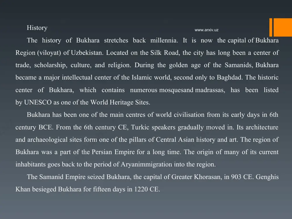 ates in the early 20th century (based on numbers from 1913 and 1917), the tajiks formed the overwhelming majority of city. until the 20th century, bukhara was also home to the (also persian-speaking) bukharan jews, whose ancestors settled in the city during roman times. most bukharan jews left the city between 1925 and 2000 and settled in israel and theunited states of america. dehkhoda defines the name bukhara itself as meaning "full of knowledge", referring to the fact that in antiquity, bukhara was a scientific and scholarship powerhouse. in the italian romanticepic orlando innamorato by matteo mari boiardo, bukhara is called albracca and described as a major city of cathay. there, within its walled city and fortress, angelica and the knights she has befriended make their stand when attacked by agrican, emperor of tartary. as described, this siege by agrican resembles the historic siege by genghis khan in 1220. www.arxiv.uz …