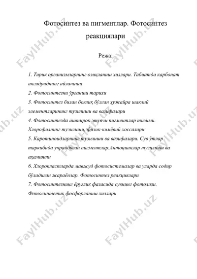 фотосинтез ва пигментлар. фотосинтез реакциялари — DOC