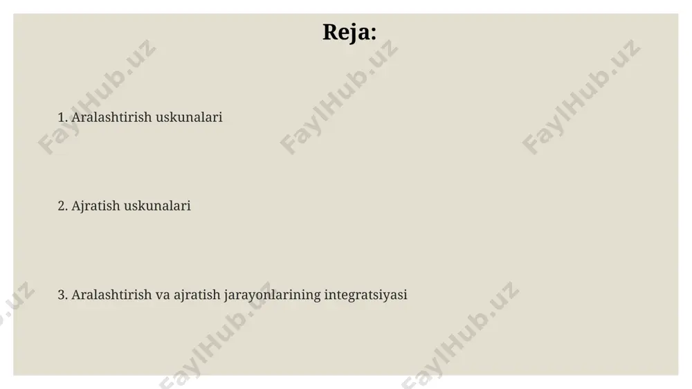 erialning viskozitetiga moslashtirilgan. yuqori viskoziteli materiallarni aralashtirish uchun, masalan, 1000 pa·s dan yuqori, maxsus dizayndagi vintli yoki planetar aralashtirgichlar qo'llaniladi, buning natijasida bir xil aralashma ta'minlanadi. aralashtirish uskunalarining samaradorligi ko'pincha 10-30% oralig'ida bo'ladigan energiya sarfini va aralashtirish vaqti parametrlariga bog'liq bo'lib, turli xil loyihalash usullari – turbulent yoki laminar oqimlarni hisobga oladi. membranali ajratish usullari gazlarni ajratishda ishlatiladigan polimer membranalar, selektivlik koeffitsiyenti 10 dan yuqori bo'lib, gaz aralashmasidagi komponentlarni yuqori aniqlikda ajratadi. oksidlovchi-qaytaruvchi membranalar, elektrodializ jarayonida ionlarni 10-100% ga samaradorlik bilan ajratadi va elektr maydonidan foydalanadi. membranali ajratish usullarida, masalan, teshik diametri 0,1-10 nm bo'lgan ultrafiltratsiya membranalari, 10 kda dan kichik molekulalarni o'tkazadi. kristallashtirish uskunalari кристаллаштириш ускуналарининг турлари: ёнғинли кристаллаштиргичлар, вакуумли кристаллаштиргичлар ва совутиш кристаллаштиргичлар, уларнинг ишлаб чиқариш қуввати 100 дан 1000 кг/соатгача ўзгаради. кристаллаштириш ускуналаридаги эритувчиларнинг концентрацияси 10-30% оралиғида бўлиб, бу жараённинг самарадорлигига ва кристаллнинг ўлчамига таъсир кўрсатади. суюқликнинг совушиш тезлиги кристаллнинг ўсиши ва шаклланишига катта таъсир қилади, 5-15°c/soat …