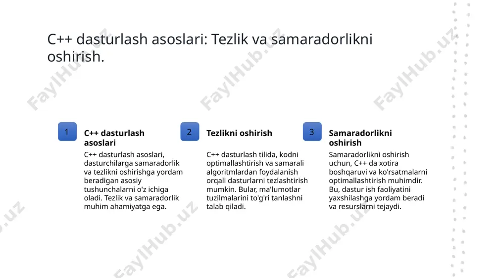, talabalarning o'z vataniga bo'lgan qiziqishini oshiradi va ularni rag'batlantiradi. o'zbek madaniyatini c++ animatsiyalari orqali namoyish etish imkoniyatlari. o'zbek xalq hikoyalari c++ animatsiyalari orqali o'zbek xalq hikoyalari vizual ravishda namoyish etilishi, ularning madaniy merosini yosh avlodga etkazishga yordam beradi. an'anaviy san'at c++ yordamida an'anaviy o'zbek san'atlari, masalan, rang-barang gilamlar va milliy kiyimlar animatsiya shaklida ko'rsatilishi, ularni keng auditoriyaga tanitadi. ta'lim jarayoni c++ animatsiyalari ta'lim jarayonida o'zbek madaniyatining o'rganishini qiziqarli va interaktiv qilish, talabalarni jalb etish imkonini beradi. interaktiv ta'lim vositalarida c++ dasturlashning roli. 01 c++ dasturlashning ahamiyati c++ dasturlash, interaktiv ta'lim vositalarida dinamik kontent yaratish uchun muhim vosita bo'lib, o'quvchilarning e'tiborini jalb qiladi. 02 o'qitishda innovatsiyalar c++ yordamida yaratilgan interaktiv dasturlar, ta'lim jarayonida innovatsiyalarni taqdim etadi, o'quvchilarga murakkab tushunchalarni osonroq tushunishga yordam beradi. 03 o'zbek madaniyati bilan integratsiya c++ dasturlash orqali o'zbek madaniyatini interaktiv ta'lim vositalariga birlashtirish, o'quvchilarga o'z madaniyatlarini yanada chuqurroq o'rganish imkonini beradi. 04 o'qitish metodlarini yaxshilash interaktiv …