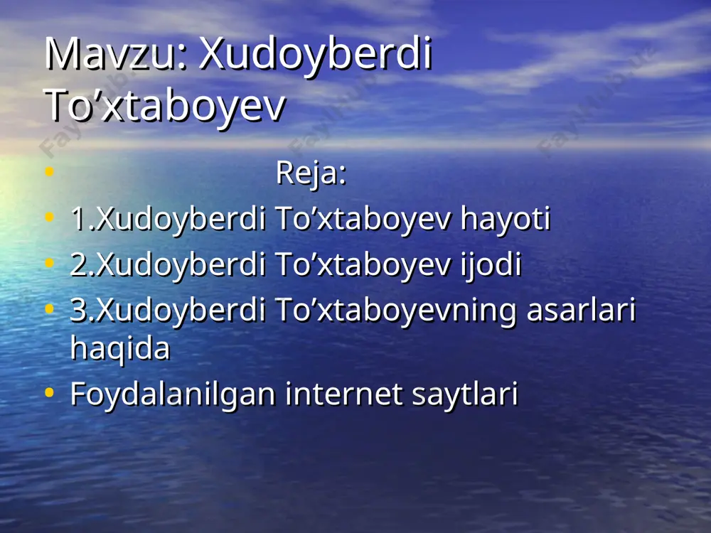 avronboy sarguzashti» 11.«jannati odamlar» (1996), 12.«shoshqaloq» 13«so‘qmoqlar» va boshq. asarlari «sehrli qalpoqcha» . «sariq devni minib» .«sariq devning o‘limi» «besh bolali yigitcha» (1976) «yillar va yo‘llar» (1983) .«sehrgarlar jangi yoki shirin qovunlar mamlakatida» .«sir ochildi» (1964) « jannati odamlar» (1996) .«shoshqaloq» «qasoskorning oltin boshi» (1981) «omonboy va davronboy sarguzashti» «so‘qmoqlar» xozirda xudoyberdi to’xtaboyev “o’yla, izla, top.” teleko’rsatuvida hakamlik qiladi. foydalanilgan internet saytlari ziyouz.com ziyonet.uz uzwikipedia.com google.com yandex.ru foydalanilgan internet saytlari ziyouz.com ziyonet.uz uzwikipedia.com google.com yandex.ru adabiyotga e’tibor - ma’naviyatga, kelajakka e’tibor. i. a. karimov foydalanilgan adabiyotlar e’tiboringiz uchun rahmat