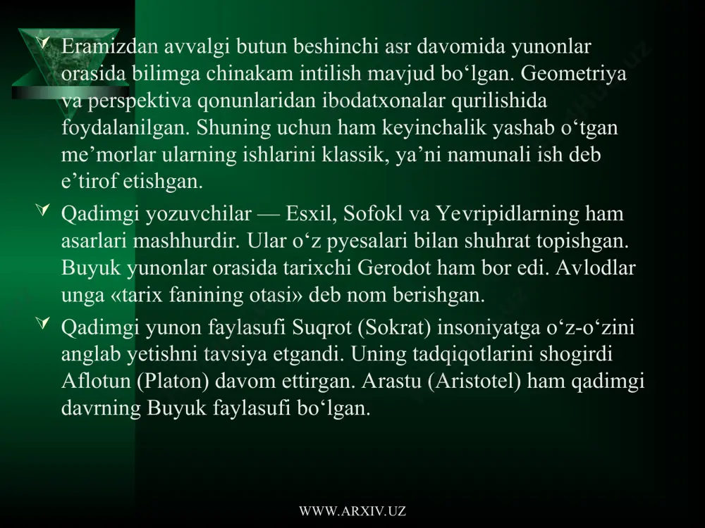 sosi, deb bilgan. uning fikricha, olamda hamma narsa harakatda. «oqar suvga bir soniyada ikki marta tushish mumkin emas, chunki suv har daqiqada yangilanib turadi». olamda turg`unlik yo`q. harakat butun tabiatga, barcha jism va hodisalarga xosdir. abadiy harakat — abadiy o`zgarishdir. www.arxiv.uz www.arxiv.uz harakat qarama-qarshilik asosida sodir bo`ladi. «kurash hamma narsaning otasi, hamma narsaning podshosidir», degan ekan geraklit. bundan geraklit kishilar o`rtasida urushlarni targ’ib qilgan ekan-da, deya xulosa chiqarish noto`g`ri. geraklitning fikricha, doimiy o`zgarish, harakat va o`zaro qarama-qarshi tomonlarga o`tish —jismlar sifatining nisbiyligi bilan bog`liq. masalan, dengiz suvi inson iste’moli uchun yaroqsiz bo`lsa, baliqlar uchun ayni muddaodir. geraklitning qarashlari falsafiy tafakkur rivojiga katta ta'sir ko`rsatgan, pifagor (eramizdan avvalgi 580-500 yillar) yunonistonning samos orolida yashab o`tgan. u qadimgi yunonistonda diniy-mafkuraviy falsaily maktab, ya'ni pifagorchilikka asos solgan. pifagor o`zining siyosiy qarashlari tufayli podsho polikret bilan chiqisha olmagan va samosni tark etib, janubiy italiyaga ko`chib kelgan, o`sha yerlarda o`z uyushmasini tashkil etgan. uningcha, dunyoni …