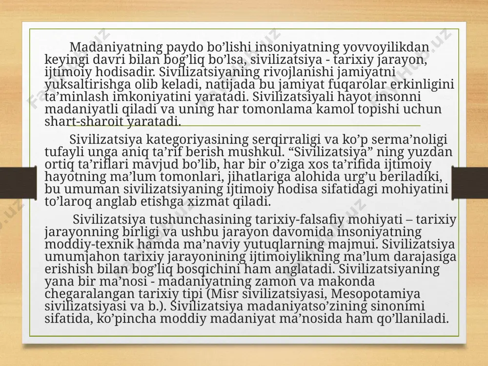 konsepsiyasi bilan uyg’unlashib ketdi. fransuz faylasuf ma’rifatparvarlari aql va adolatga asoslangan jamiyatni sivilizatsiyalashgan jamiyat deb bilganlar. sivilizatsiya tushunchasiga turlicha mazmun berish davom etdi va xviii asrdan “sivilizatsiya” tushunchasi tarixchilar lug’atidan mustahkam o’rin oldi. shu davrdan sivilizatsiyaning turli nazariyalari shakllana boshladi. xix asr boshlaridayoq sivilizatsiyalar to’g’risida ko’plikda fikr yuritila boshlandi, bu esa xalqlar sivilizatsion taraqqiyotining rang-barangligini tan olishni anglatardi. o’z asarlarida tarixning yo’nalishi, shuningdek tarixiy jarayonda yagonalik va rang-baranglikning o’zaro nisbati muammolarini ayniqsa to’la qamrab olgan dastlabki tadqiqotchilardan biri italyan faylasufi jambatissta viko (1668-1744) o’zining “millatlar umumiy tabiati haqidagi yangi fan asoslari” deb nomlangan risolasida jahon tarixining barcha xalqlar uchun yagona bo’lgan tarixiy aylanma harakat sifatidagi dunyoviy konsepsiyasini ilgari surgan. viko fikriga ko’ra, barcha xalqlar o’z rivojlanishida bir xil bosqichlardan o’tadi: ibtidoiy varvarlik (“xudolar asri”)dan feodalizm (“qahramonlar asri”) orqali demokratik respublika yoki konstitutsiyaviy monarxiya (“sivilizatsiya asri”) sari harakatlanadi. har bir tsikl mazkur jamiyatning umumiy inqirozi va parchalanishi bilan tugaydi. tsikl yakunlangach, …