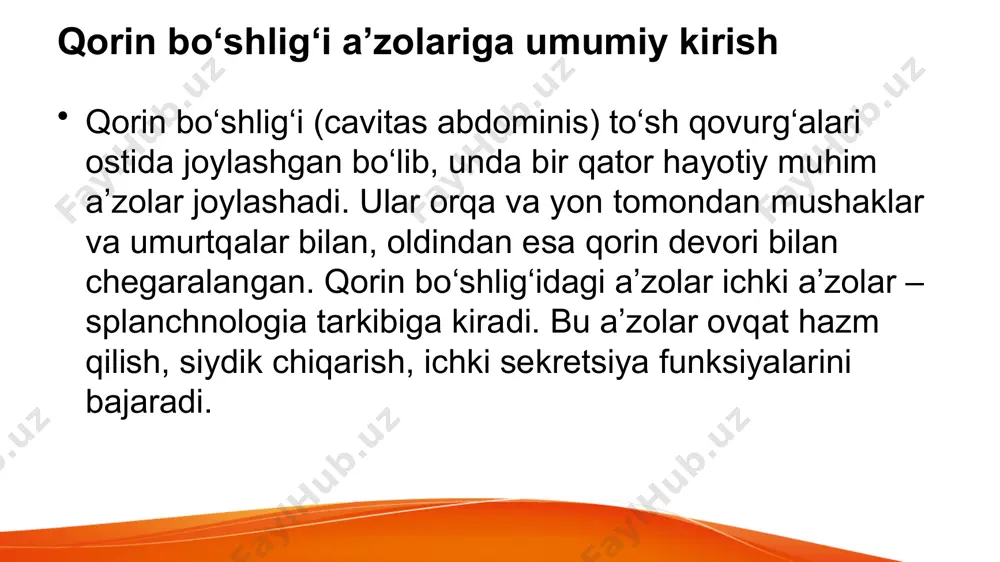 – muskulli qatlam: uzunlamas, aylana va qiya muskullar tunica serosa – tashqi seroz qavat bu qatlamlar birgalikda ovqatni aralashtiradi, so‘rishni ta’minlaydi va himoya qiladi. me’da bezlari va ularning funksiyasi me’da shilliq qavatida ko‘plab bezlar mavjud: glandulae gastricae – asosiy me’da bezlari glandulae cardiacae – kardiya sohasida joylashgan glandulae pyloricae – pilorik qismda joylashgan ular ovqat hazm qilish fermentlari (pepsinogen), xlorid kislotasi (hcl) va shilliq ishlab chiqaradi. bu moddalarning barchasi me’daning parchalovchi vazifasini bajaradi. me’daning qon ta’minoti me’da quyidagi arteriyalar orqali qon bilan ta’minlanadi: a. gastrica sinistra – chap tomondan a. gastrica dextra – o‘ng tomondan a. gastroepiploica dextra et sinistra – katta egrilik bo‘ylab a. splenica – fundusga venoz oqim: venae gastricae → vena portae linfatik oqim: nodi lymphoidei gastrici orqali bajariladi. me’daning innervatsiyasi me’da simpatik va parasimpatik nervlar bilan innervatsiyalanadi: nervus vagus (x chanoq nervi) – parasimpatik ta’sir plexus celiacus – simpatik ta’sir parasimpatik ta’sir ostida me’da sekresiyasi kuchayadi, …