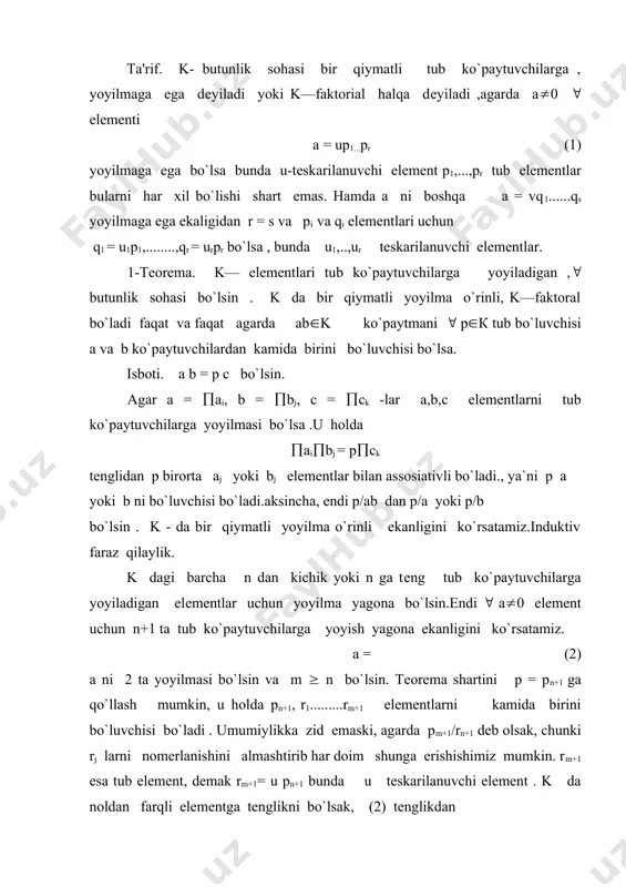 ение в алгебру.учебник.м.наука,1977г. 2.ҳожиев ж., файнлейб.ф.с. алгебра ва сонлар назарияси курси. т. 2001 й. 3.курош ф.г. олий алгебра курси. т.укитувчи . 1976 й.. 4.фадеев д.к.,соминский и.с.сборник задач по высшей алгебре. м.наука .1976 г. 5. гелфанд и.м. лекции по линейной алгебре. http://www.mcmee.ru, http://lib.mexmat. ru. 6. курош а.г. курс высшей алгебре http://www.mcmee.ru, http://lib.mexmat. ru.