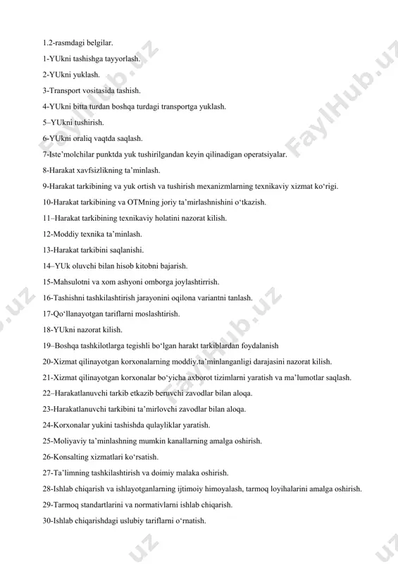 olatlarda: a) yuklarni jo‘natuvchidan qabul qilishda va oluvchiga topshirishda; b) yuk tashishlarni bashoratlash va operativ rejalashtirishda; v) transport – ekspeditsiya operatsiyalarida; g) temir yo‘l shoxobcha yo‘llariga xizmat ko‘rsatishda; d) to‘g‘ri aralash qatnovlarda; e) to‘g‘ri xalqaro qatnovlarda; j) tarif ishlari va tashish bo‘yicha hisoblarda; z) yo‘lovchi, bagaj va yuk bagaj tashishlarda; i) tashish bo‘yicha javobgarlik va talab ishlarida, namoѐn bo‘ladi. temir yo‘lining yuk va tijorat ishlari sohasini, xozirda rivojlangan evropa, amerika va osiyo davlatlarida keng tarqalgan, logistika nuqtai nazaridan ham qarash foydalidir. logistikaning ikkita jihati mavjud. birinchidan logistikani bozor kon’yunkturalarini inobatga olgan holda talabga, ishlab chiqarishga, transportga va mahsulotlarni taqsimlashga asoslangan iqtisodiѐtning ishlab chiqarish sohasi deb hisoblanadi. ikkinchidan logistikani mahsulotni ishlab chiqaruvchidan iste’molchiga etkazib berish jaraѐnida talabni qondirish uchun materialь va axborot oqimlarini boshqarish usullarini ishlab chiqishdagi yangi ilmiy yo‘nalish deb qaraladi. transport logistikasini rivojlantirish yuk jo‘natuvchilarni, temir yo‘lini, va yuk oluvchilarni iqtisodiy manfaatlarini transport – texnologik tizimlarini yaratish negizida (bazasida) …