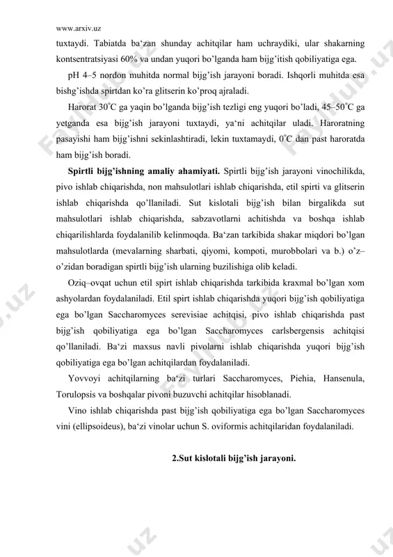 tali bijg’ish jarayoni. insoniyat tajribasida sut kislotali bijg’ish jarayoni qadimdan qo’llanib kelingan bo’lsa–da, uning biologik jarayon ekanligini va unda tirik organizmlar qatnashishini faqat 1860 yildagina lui paster isbotlab berdi. sut kislotali bijg’ish jarayoni monosaxaridlarning par​chalanib ikki molekulali sut kislotasi hosil qilishi bilan xarakterlanadi. bu reaktsiya quyidagicha boradi: с6н12о6 (2сн3 ( снон ( соон + 20 kkal. bu bakteriyalar glikolitik reaktsiya davomida hosil bo’lgan pirouzum kislotadan со2 gazini ajratadigan karbogidraza fermentidanholi bo’ladi. shuning uchun oksidlanish vaqtida organik moddalardan ajralgan vodorod hisobiga pirouzum kis​lota sut kislotagacha qaytariladi. bu jarayon sut kislotali bijg’ishni qo’zg’atuvchi bakteriyalarda mavjud laktikodegidro​genaza fermenti ishtirokida boradi. u quyidagi tenglama bi​lan ifodalanadi: сн3сосоон + н2 laktikodegidrogenaza ( сн3снонсоон pirouzum kislota sut kislota yuqorida ko’rsatilgan ekzotermik reaktsiya vaqtida hosil bo’lgan energiya bu jarayonni qo’zg’ovchi bakteriyalar tomonidan sarflanadi. bijg’ish jarayonida vujudga kelgan sut kislotasi ko’p bakteriyalar uchun antiseptik zahar bo’lib hisoblanadi. shundan foydalanib, sutni chirituvchi bakteriyalar ta‘siridan saqlab qolish maqsadida, qatiq va …