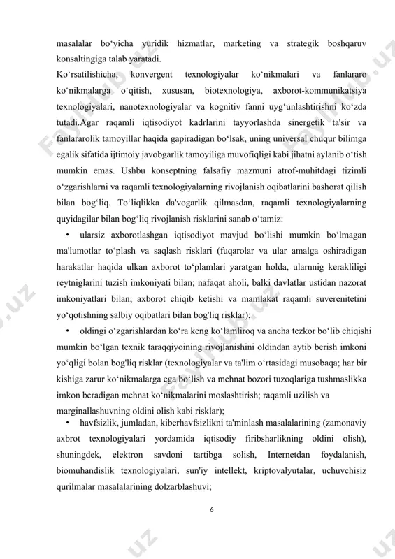 i tuzoqlariga tushmaslikka imkon beradigan mehnat ko‘nikmalarini moslashtirish; raqamli uzilish va marginallashuvning oldini olish kabi risklar); · havfsizlik, jumladan, kiberhavfsizlikni ta'minlash masalalarining (zamonaviy axbrot texnologiyalari yordamida iqtisodiy firibsharlikning oldini olish), shuningdek, elektron savdoni tartibga solish, internetdan foydalanish, biomuhandislik texnologiyalari, sun'iy intellekt, kriptovalyutalar, uchuvchisiz qurilmalar masalalarining dolzarblashuvi; · raqamli iqtisodiyotda iste'molchilarni himoya qilish va raqobat haqidagi qonunlarning yo‘qligi yoki ularga rioya qilinmasligi risklari. ko‘rinib turibdiki, ta'lim darajalarining har biri aytib o‘tilgan universal kompetensiyalarni o‘z darajasida shakllantiradi. ijtimoiy javobgarlik tamoyiliga muvofiqlik nuqtai-nazaridan tayyorgarlik birinchi navbatda, raqamli iqtisodiyotning rivojlanishi, shuninglek, ma'lumotlarni saqlash usullari va tashkilotlarning kiberhimoya vositalari rivojlanish sharoitlarida ekologik va texnosfera havfsizligi vazifalarini hal qilishda ijtimoiy javobgarlik ko‘nikmalarini rivojlantirish bilan bog‘liq bo'ladi. zamonaviy menejer jamoatishlab chiqarishda : a) boshqaruvchi, b) diplomat, v) yetakchi, g) murabbiy, d) inovator, ye) inson sifatida maydonga chiqadi. boshqaruvchi – menejer. menejerning bu funksiyasi azaldan unga xos bo’lgan an’anaviy funksiya xisoblanadi. boshqaruvchilik vazifasini ado etar ekan, menejer xoqimiyatga …