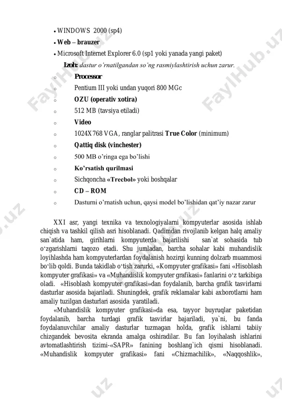 kerak edi. hozirgi kunga kelib, autocad – 2006 dasturi foydalanuvchilar orasida keng ommalashgan bo’lib:  windows 2000;  windows xp (professional edition);  windows xp (home edition);  windows nt 4.0 (service pack 6 yoki undanda yuqori versiali) operasion tizimlarda o’rnatish talab etiladi. autocad 2006 dasturi o’rnatiladigan kompyuter ma’lum bir minimal talablarga javob berishi, parametrlarga ega bo’lishi lozim. ushbu talablarga quyidagilar kiradi:  operacion sistema.  windows xp professional (sp1 yoki 2)  windows xp home (sp1 yoki 2)  windows xp tablet pc  windows 2000 (sp4)  web – brauzer  microsoft internet explorer 6.0 (sp1 yoki yanada yangi paket) izoh: dastur o’rnatilgandan so’ng rasmiylashtirish uchun zarur. o processor o pentium iii yoki undan yuqori 800 mgc o ozu (operativ xotira) o 512 mb (tavsiya etiladi) o video o 1024x768 vga, ranglar palitrasi true color (minimum) o qattiq disk (vinchester) o 500 mb o’ringa ega bo’lishi o ko’rsatish …