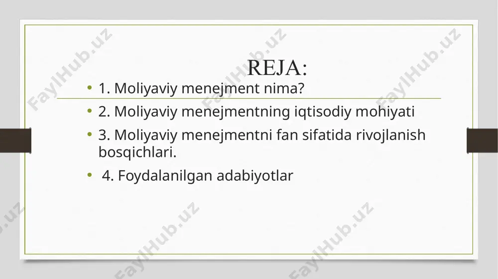 shda boshqarish jarayonida iqtisodiy usullarni qoʻllashga, har bir xodimga va jamoaga taʼsir koʻrsatishga asoslanadi. bir qancha iqtisodiy fanlar: makroiqtisodiyot, mikroiqtisodiyot, statistika, mehnat iqtisodiyoti kabilar ham menejment fani bilan chambarchas bogʻliqdir. moliyaviy menejmentning iqtisodiy mohiyati moliyaviy menejmentning iqtisodiy mazmuni va amaliy jihatlarini yoritishga bag‘ishlangan ko‘plab ilmiy adabiyotlar mualliflari amerikalik iqtisodchi olimlar djeyms van xorn va djon vaxovich (james c. van horne, john m. wachowicz) moliyaviy menejmentga quyidagicha tarif beradi. moliyaviy menejment (financial management) bir nechta asosiy maqsadlarga erishishni nazarda tutgan holda aktivlarni shakllantirish, moliyalashtirish va boshqarish jarayonidir. shunga muvofiq, moliyaviy menejmentda qarorlar qabul qilish funktsiyasi quyidagi uchta asosiy yo‘nalishga qaratiladi: - investitsion, - moliyalashtirish - aktivlarni boshqarish bo‘yicha qarorlar qabul qilish. rus iqtisodchi olimi g.b.polyak boshchiligidagi olimlar guruhining ta’kidlashlaricha, moliyaviy menejment tushunchasi xo‘jalik mexanizmining faol tarkibiy qismi sifatida korxonalar moliyasini boshqarish mexanizmi yoki moliyaviy mexanizm tushunchalari bilan bog‘liqdir. moliyaviy menejment – korxonalarda moliyaviy resurslarni shakllantirish va ulardan oqilona foydalanish, aylanma mablag‘larni …