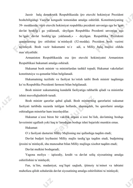 ustahkamlash, fuqarolarning huquq va erkinliklarini himoya qilish, mulkchilik va jamoat tartibini muhofaza qilish yuzasidan chora-tadbirlar ko`radi. belorus respublikasi konstitutsiyasining iv-bo`limi v-bobi «belorus resublikasi xukumati – ministrlar kengashi» – deb nomlanadi. belorus respublikasi ijro etuvchi hokimiyatni belorus respulikasi hukumati – ministrlar kengashi amalga oshiradi. u davlat boshqaruvining markaziy organidir. hukumat o`z faoliyatida belorus respublikasi prezidentiga hisob beradi va belorus respublikasi parlamenti oldida javobgardir. hukumat respublikaning yangi saylangan prezidenti oldida o`z vakolatlarini soqit qiladi. xukumat bosh minsmtr, unig o`rinbosarlari, ministrlardan tashkil topadi. hukumat tarkibiga respulika davlat boshqaruvining boshqa organlari rahbarlari ham kirishi mumkin. prezident bosh minstrni vakillar palatasining roziligi bilan tayinlaydi. bu masala xususidagi qaror bosh ministr nomzodi bo`yicha taklif kiritilgan kundan e`tiboran ko`pi bilan ikki havfta muddat ichida vakillar palatasi tomonidan qabul qilinadi. vakillar palatasi bosh ministrni tayinlashga rozilik berishni ikki marta rad qilgan taqdirda, prezident bosh ministr vazifasini bajaruvchini tayinlashga, vakillar palastasini tarqatib yubrish va yangi saylovlar tayinlashga xaqlidir. hukumat …